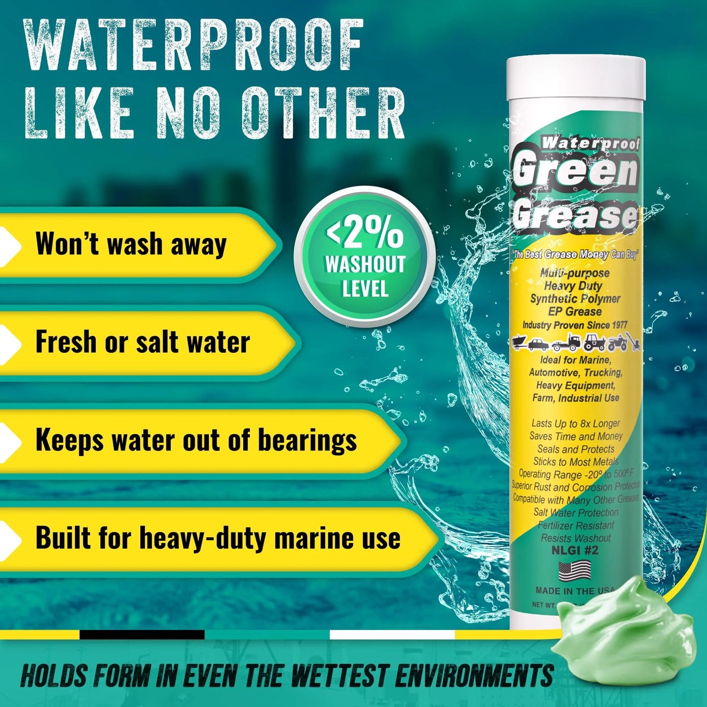 All Purpose Heavy Duty Green Grease Tube 14 Ounce NLGI 2 High Temperature Waterproof Marine Grade Rust Resistant Wheel Bearing Lubricant For Auto Farm Home Use, tube shown with waterproof features and washout level under 2%.