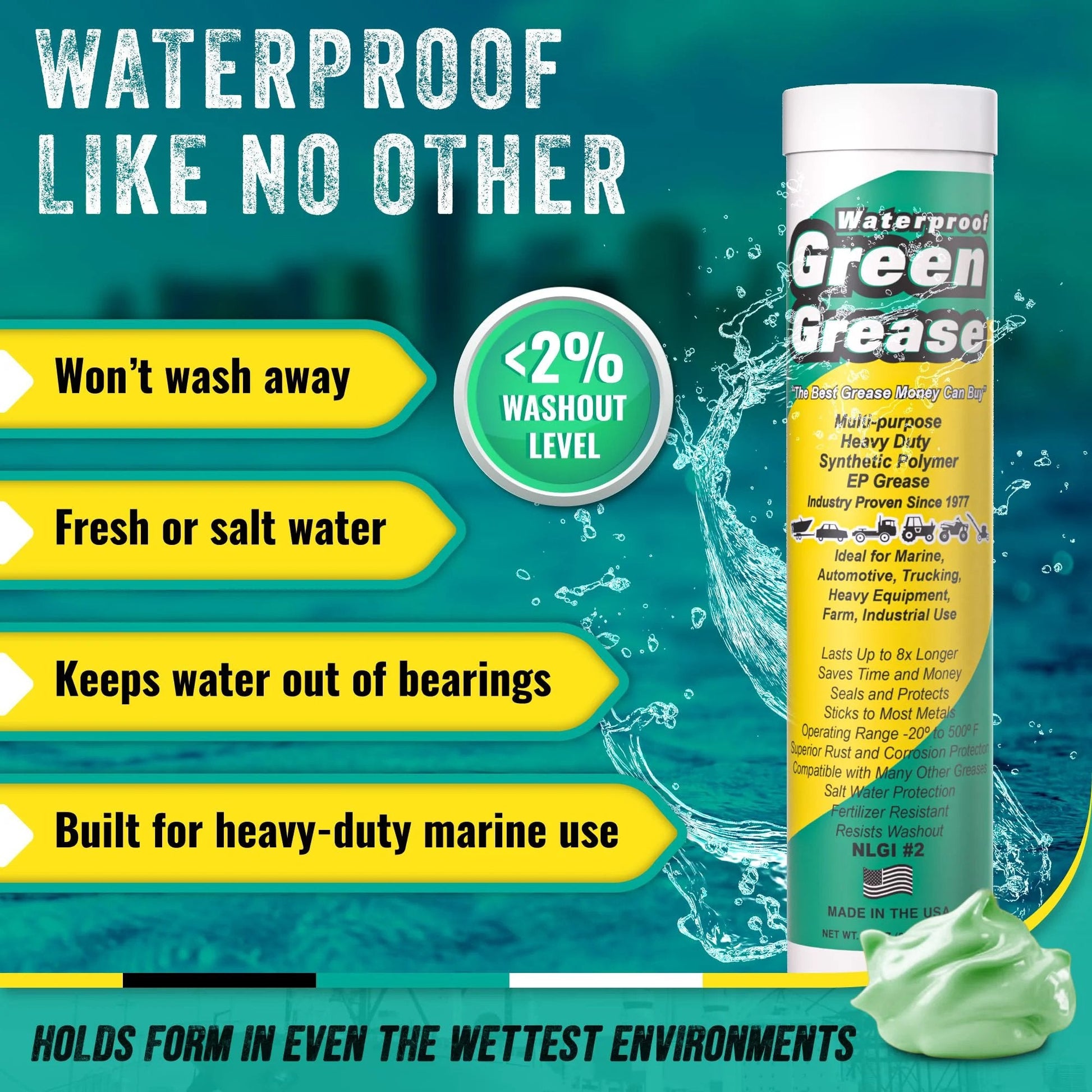 All Purpose Heavy Duty Green Grease Tube 14 Ounce NLGI 2 High Temperature Waterproof Marine Grade Rust Resistant Wheel Bearing Lubricant For Auto Farm Home Use, tube shown with waterproof features and washout level under 2%.