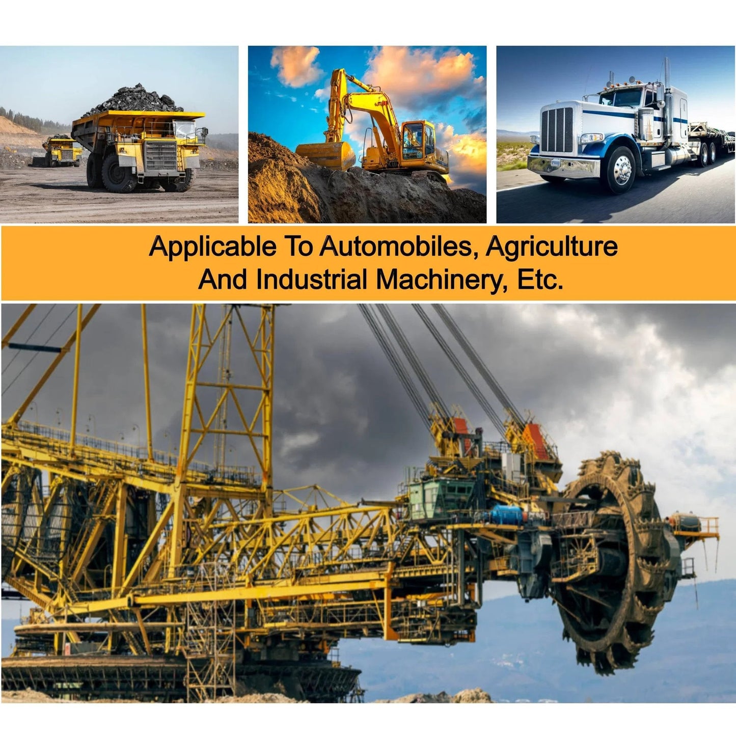 Heavy machinery for automobiles, agriculture, and industrial use, including trucks and construction equipment under cloudy sky.