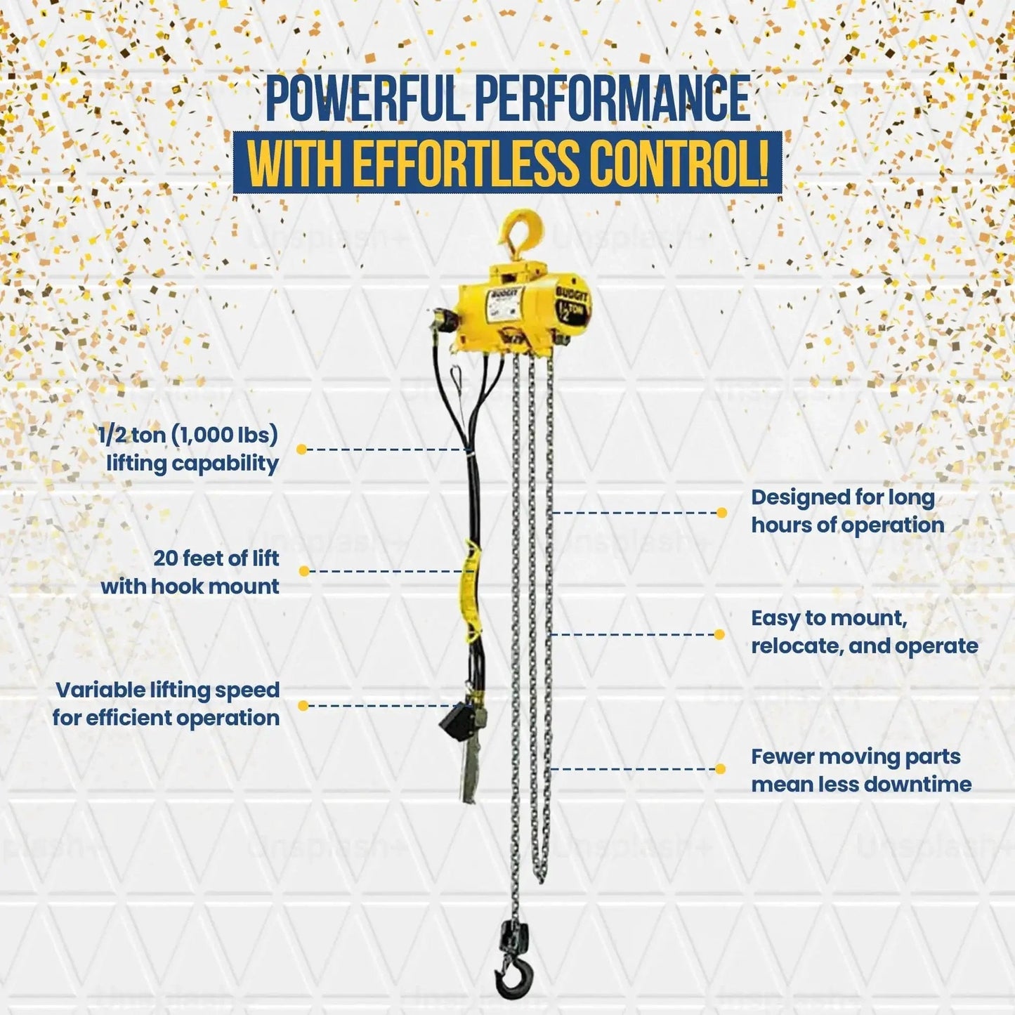 Half Ton Pneumatic Air Hoist With 20 Foot Lift And Pendant Throttle Control, showing features and capabilities.