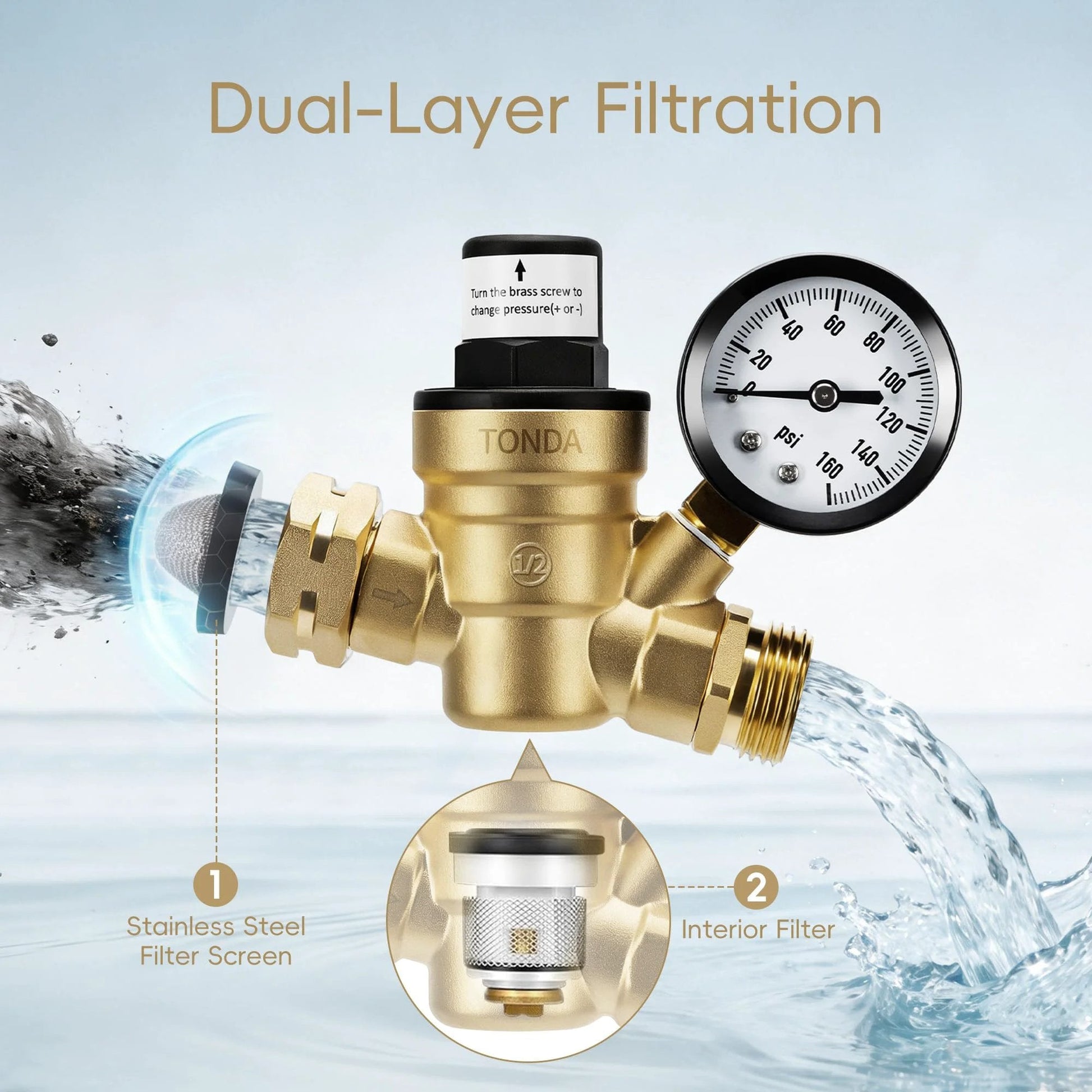 Lead Free Brass RV Water Pressure Regulator With Gauge And Inlet Screen Filter Adjustable 0 To 160 PSI in use