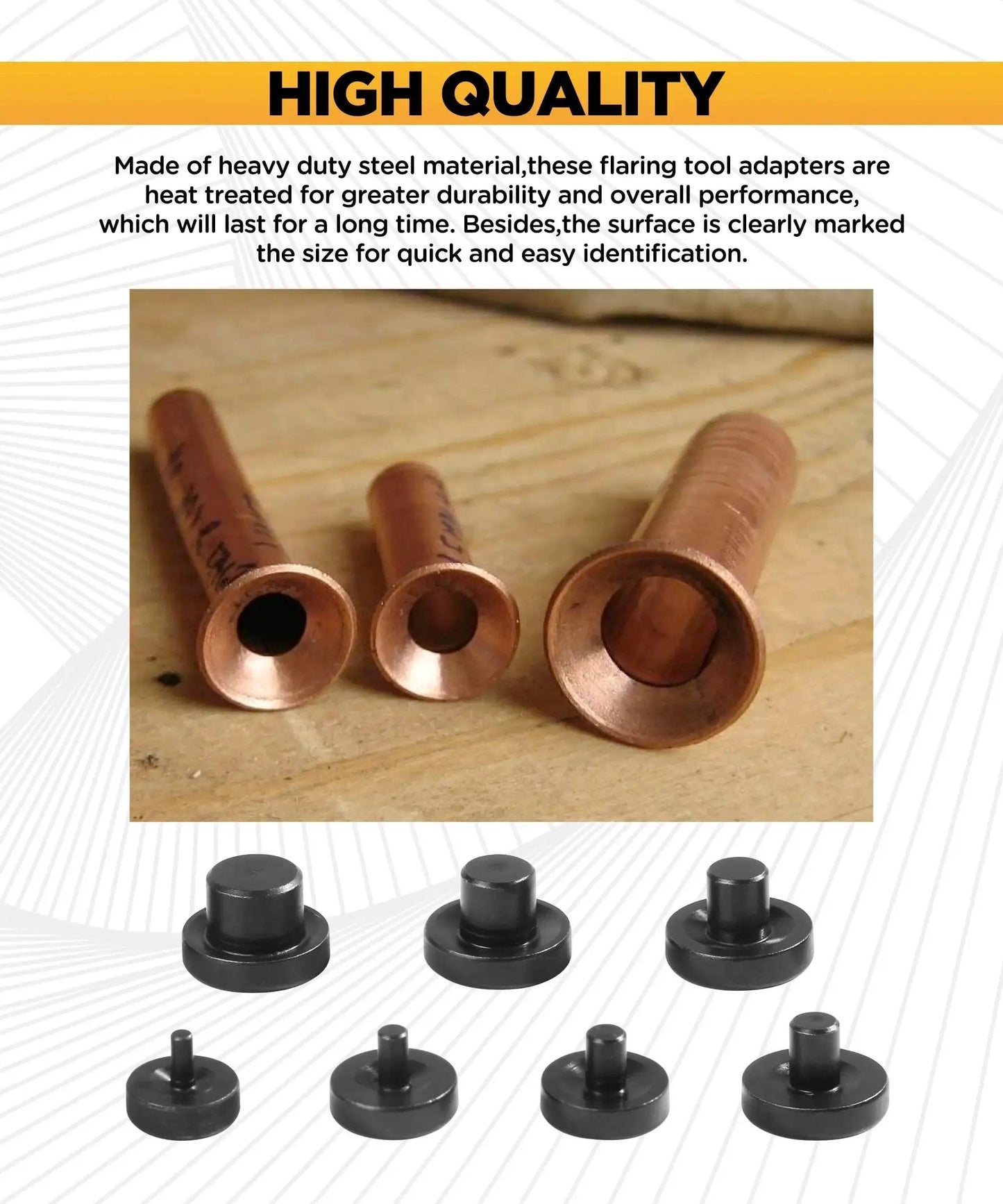 7 Piece Double Flare Adapters Set For Three Sixteenths To Five Eighths Tubing displayed in steel and copper materials