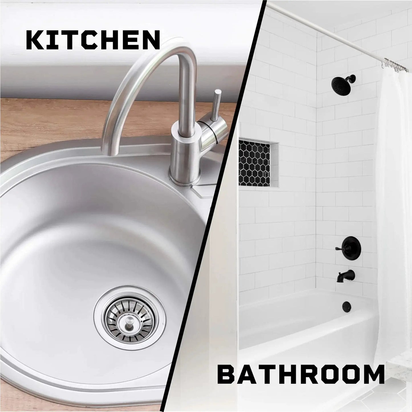 Split image showing a kitchen sink on the left and a bathroom tub with fixtures on the right, suitable for Pro Strength Clog Destroyer Gel For Drains Liquid Drain Cleaner 80 Oz use.