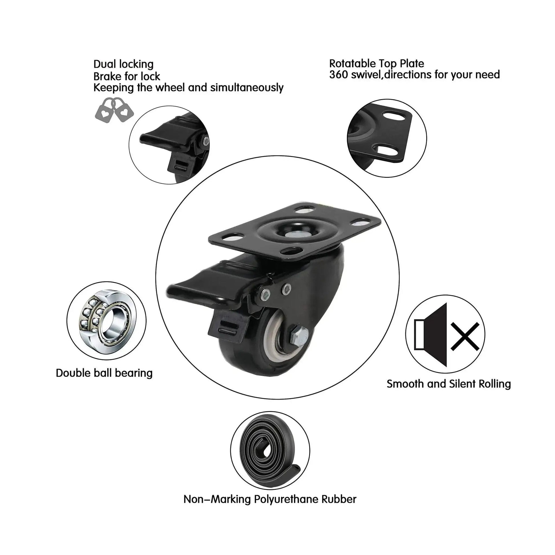 2 Inch Caster Wheels Set Of 4 With 360 Degree Swivel And Brakes Lockable Bearing Plate Casters Non Marking Polyurethane Wheels