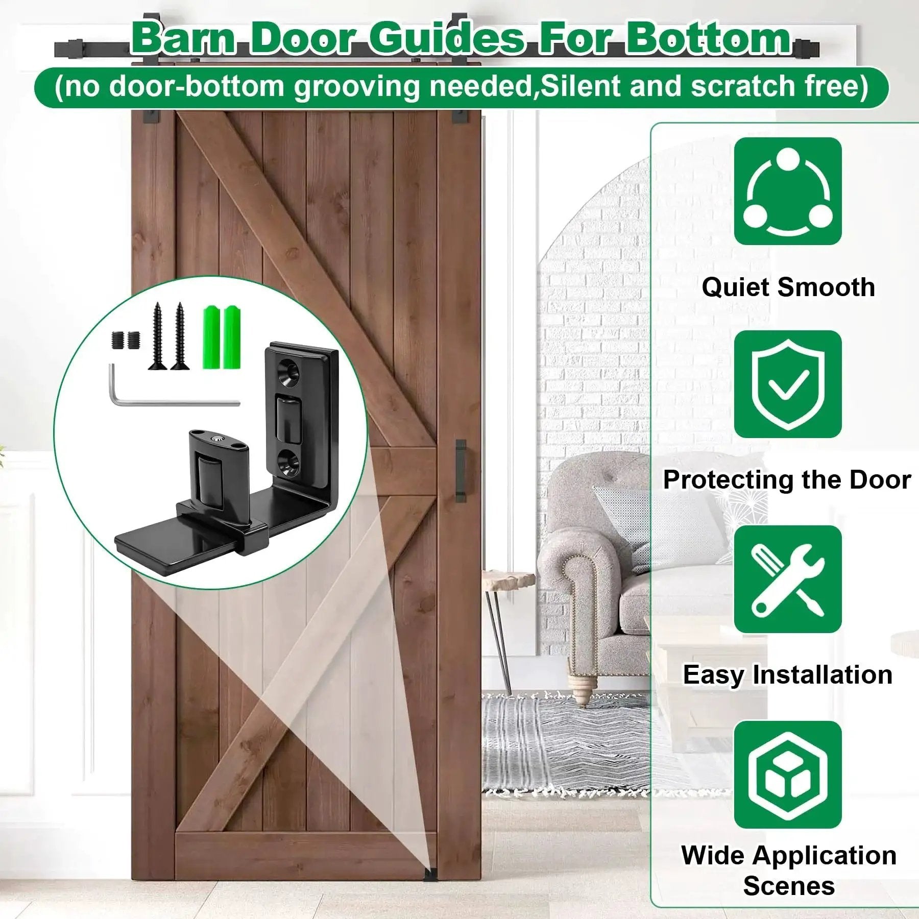 Sliding Barn Door Floor Guide And Wall Mount Set With Adjustable U Shape Flexible Flush Design shown in use with barn door.