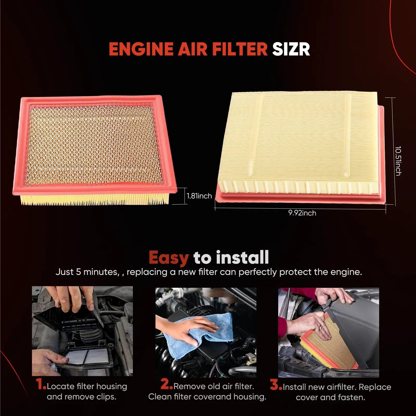 Engine Air Filter Replacement For Ford Expedition F150 F250 F350 And Lincoln Navigator 2007 To 2021, front and side views, microfiber media.