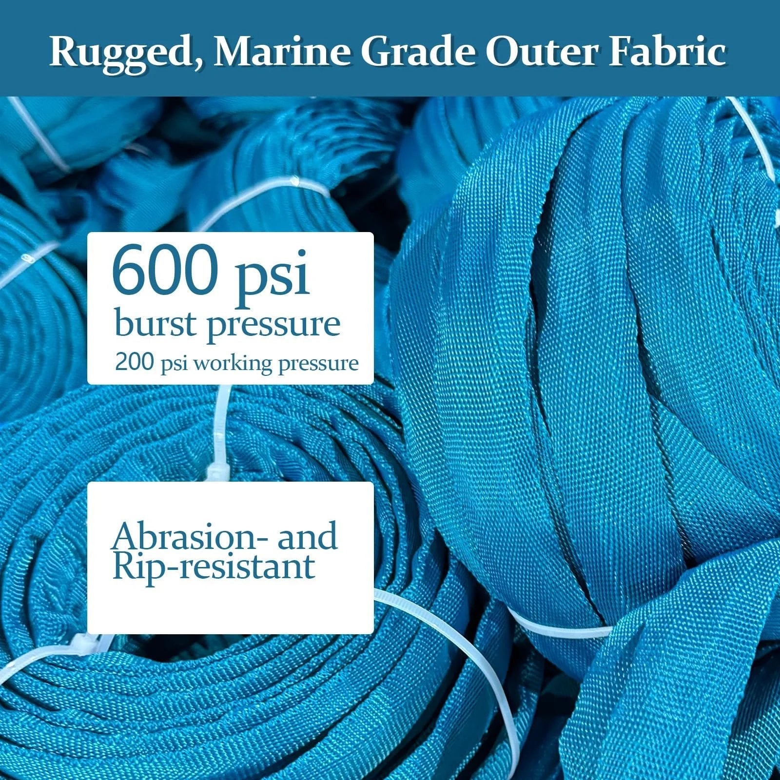 Rugged marine grade outer fabric showing 600 psi burst pressure and abrasion-resistant material for Ultra Light 50ft Garden Hose Made From TPE Not PVC, Sea Blue, Ultra Flexible And Non Shrinking With Solid Brass Fittings, All Weather Drinking Water Safe Material, Easy To Store, Gnimihz.