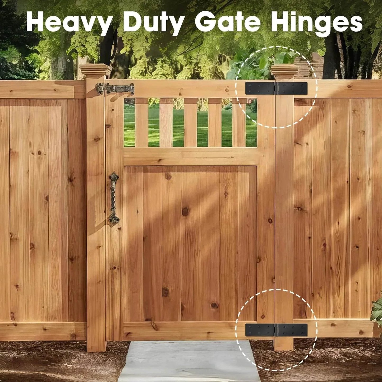 270 Degree Outdoor Gate Hinges set of four heavy duty hinges for wood fence, installed flat on wooden garden gate.
