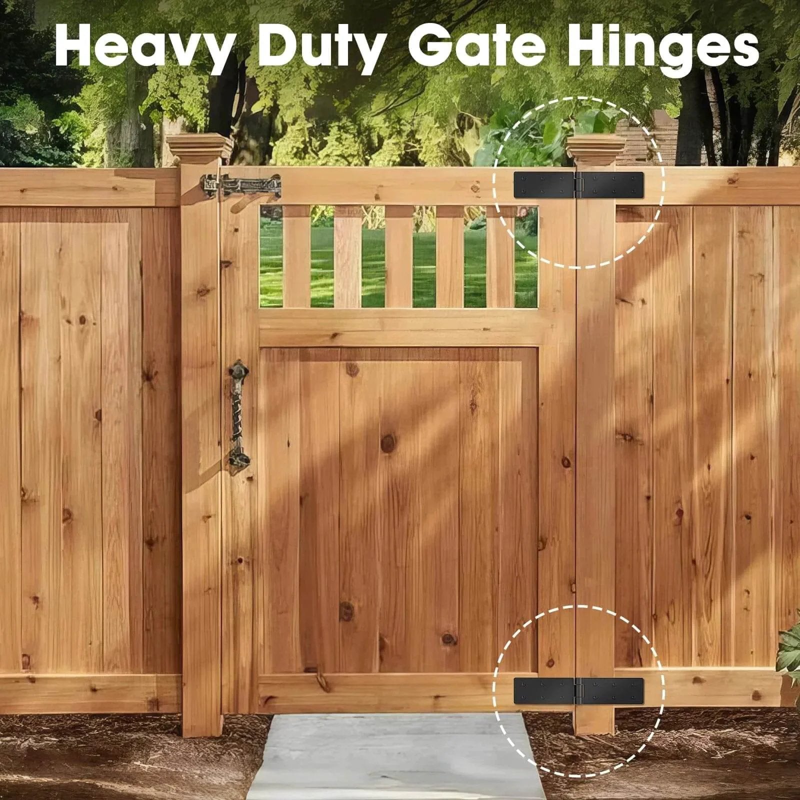 270 Degree Outdoor Gate Hinges set of four heavy duty hinges for wood fence, installed flat on wooden garden gate.