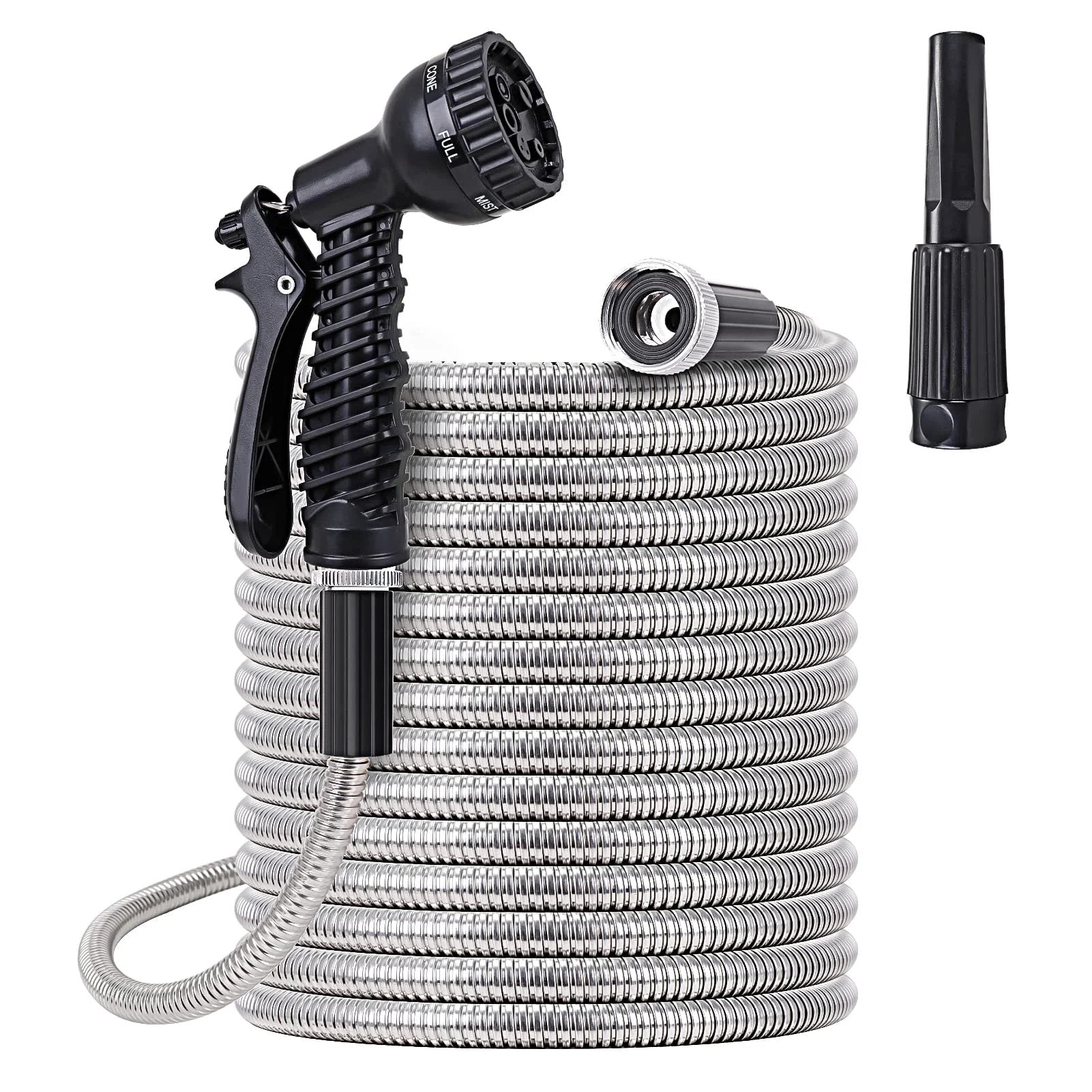 Heavy Duty 25 Ft Stainless Steel Water Hose With Two Nozzles, Lightweight Metal Garden Hose That Won't Tangle Or Kink visible coiled hose