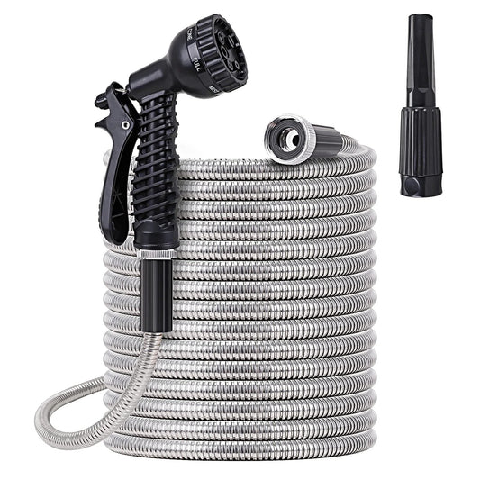 Heavy Duty 25 Ft Stainless Steel Water Hose With Two Nozzles, Lightweight Metal Garden Hose That Won't Tangle Or Kink visible coiled hose