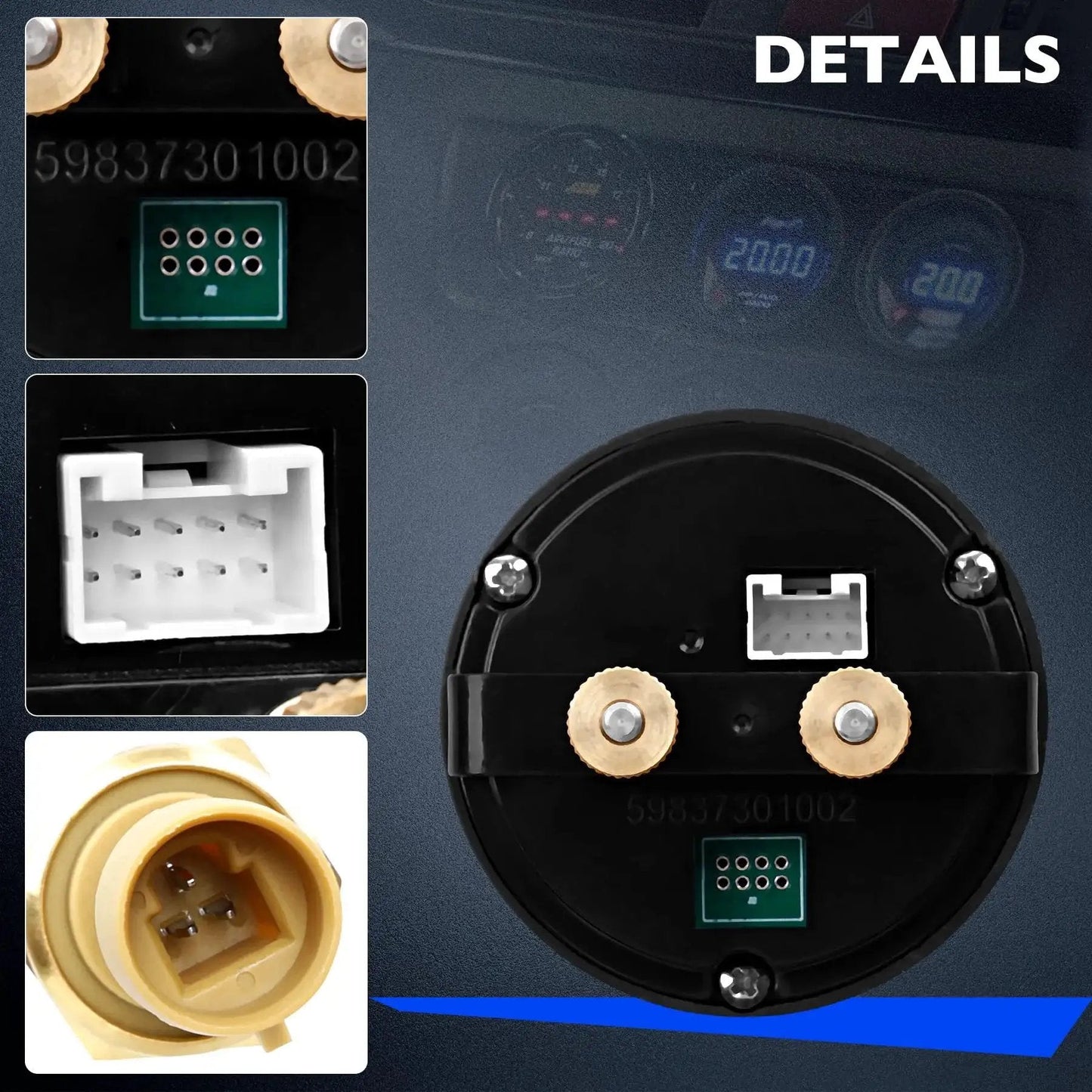 Back view of X Series 52mm 2-1/16 Inch Oil And Fuel Pressure Gauge Kit 0-100 Psi 7 Bar with digital connectors and wiring harness.