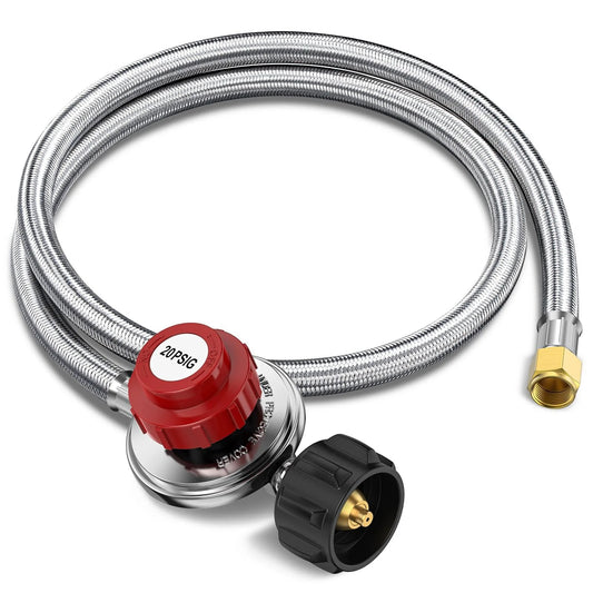 Adjustable 0-20 PSI Propane Regulator with 4 Foot Braided Hose, red regulator, brass fittings, high pressure tank regulator by Alloxity