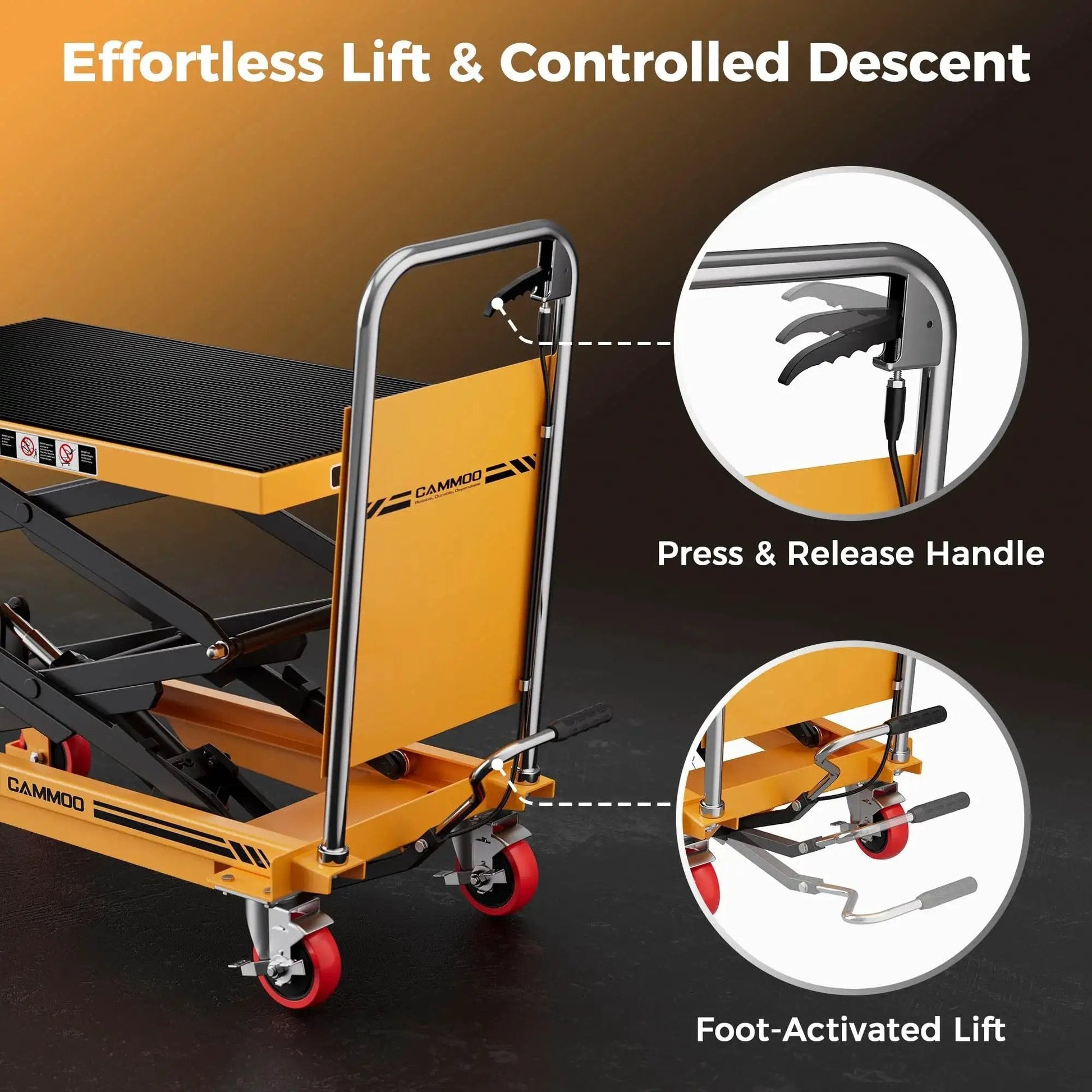 Hydraulic Lift Table Cart 330 Lb Capacity 49.6In Lift Height Non Slip Pad, side view showing press handle and foot-activated lift.
