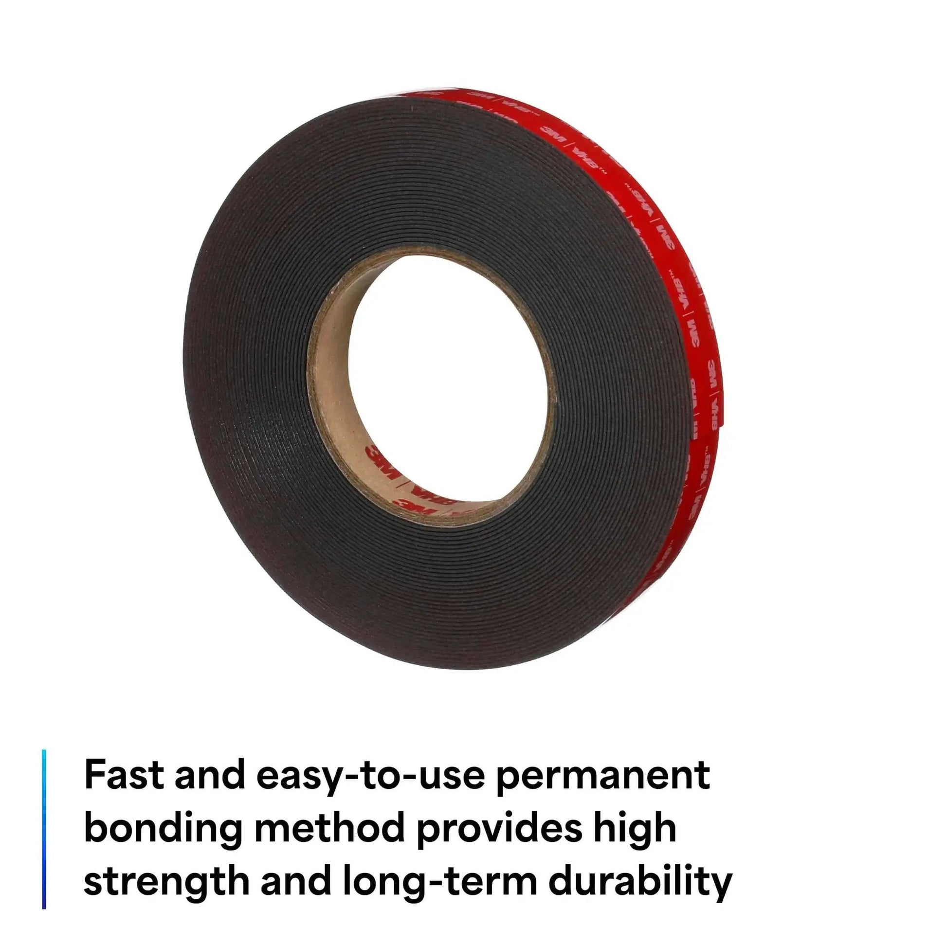 VHB Heavy Duty Mounting Tape 5952 roll showing red foam core for strong clean mounts, 0.5 inch wide, 5 yards long.