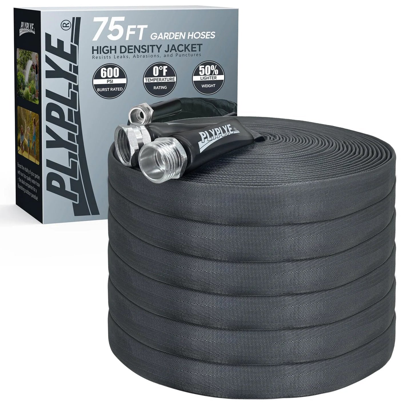 Ultra Lightweight 75ft Non Expanding Garden Hose With Kink Free High Pressure Performance Abrasion Resistant in Black Gray