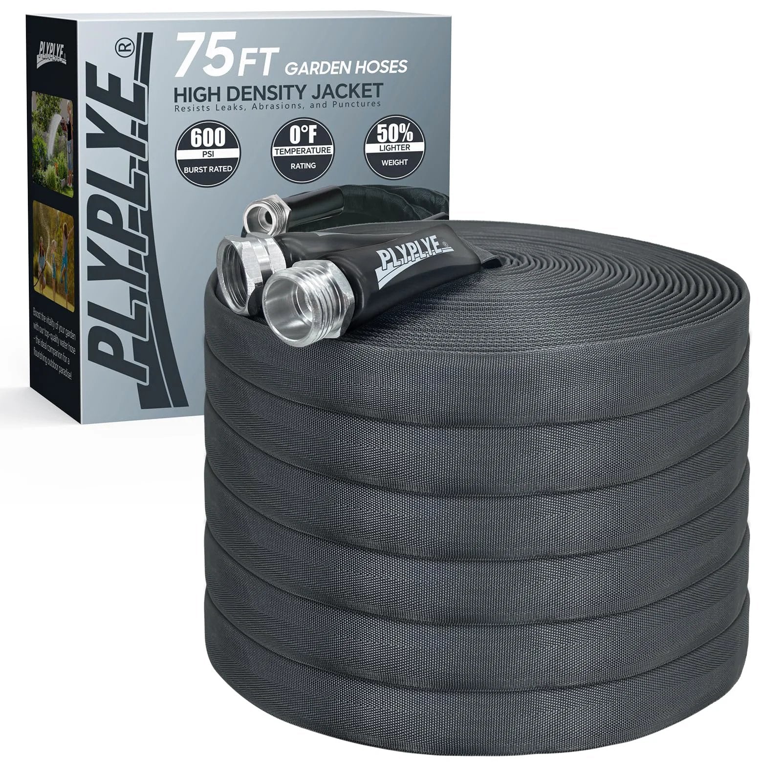 Ultra Lightweight 75ft Non Expanding Garden Hose With Kink Free High Pressure Performance Abrasion Resistant in Black Gray