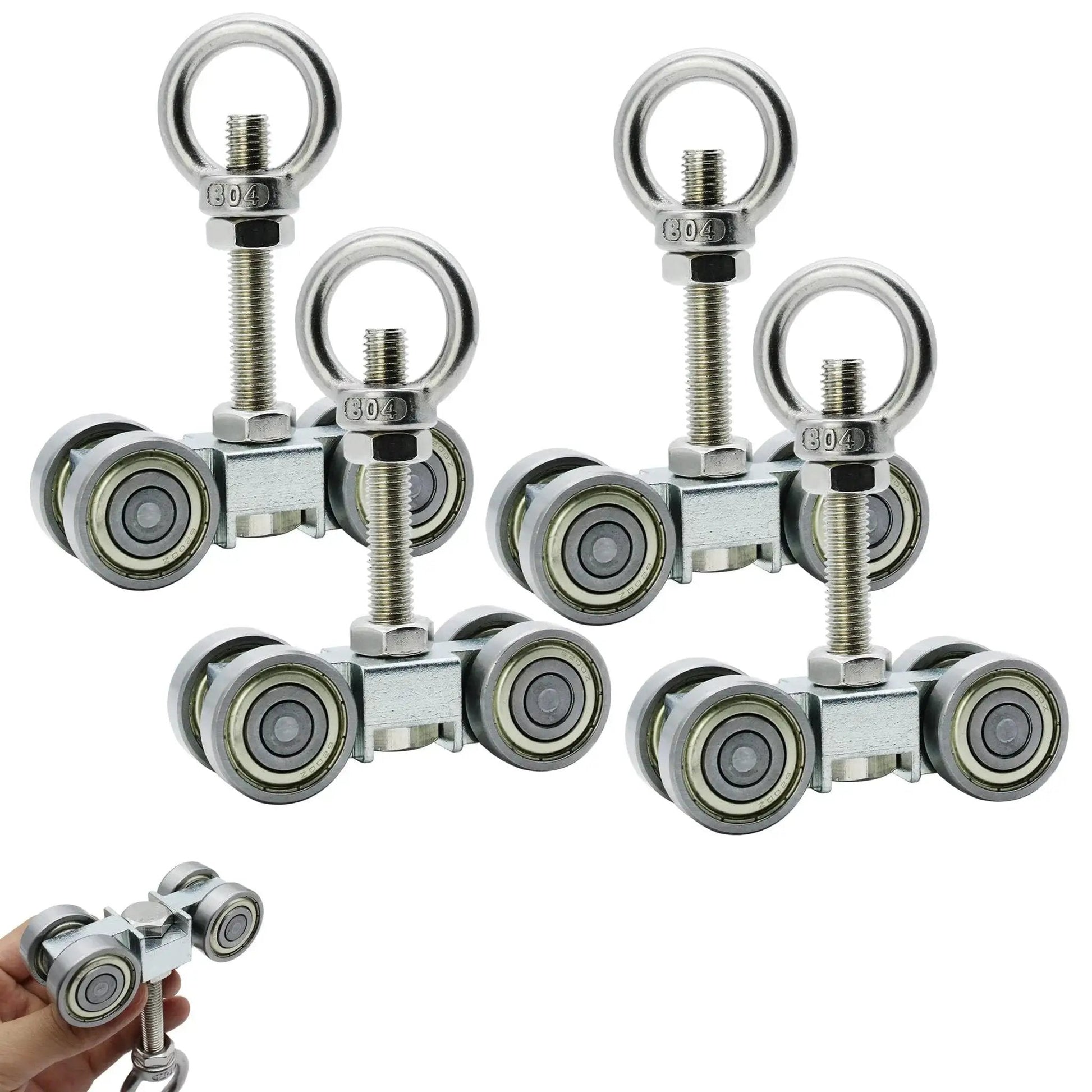 Four Wheel Trolley Assembly With Silent Pulley For One And Five Eighths Inch Wide And Taller Strut Channel Includes M10 Bolt And Lifting Eye Nut Compatible With All One And Five Eighths Inch Or Taller Channels Pack Of 4.