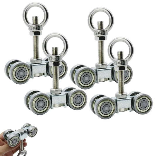 Four Wheel Trolley Assembly With Silent Pulley For One And Five Eighths Inch Wide And Taller Strut Channel Includes M10 Bolt And Lifting Eye Nut Compatible With All One And Five Eighths Inch Or Taller Channels Pack Of 4.