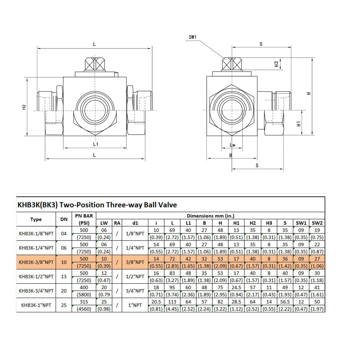 KHB3K Three Eighth Inch FNPT 3 Way High Pressure Ball Valve diagram showing dimensions and specifications for hydraulic systems