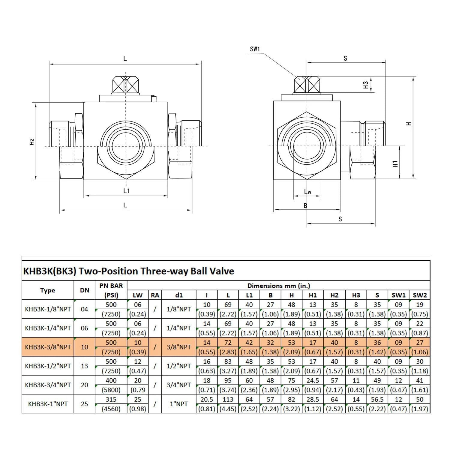 KHB3K Three Eighth Inch FNPT 3 Way High Pressure Ball Valve diagram showing dimensions and specifications for hydraulic systems