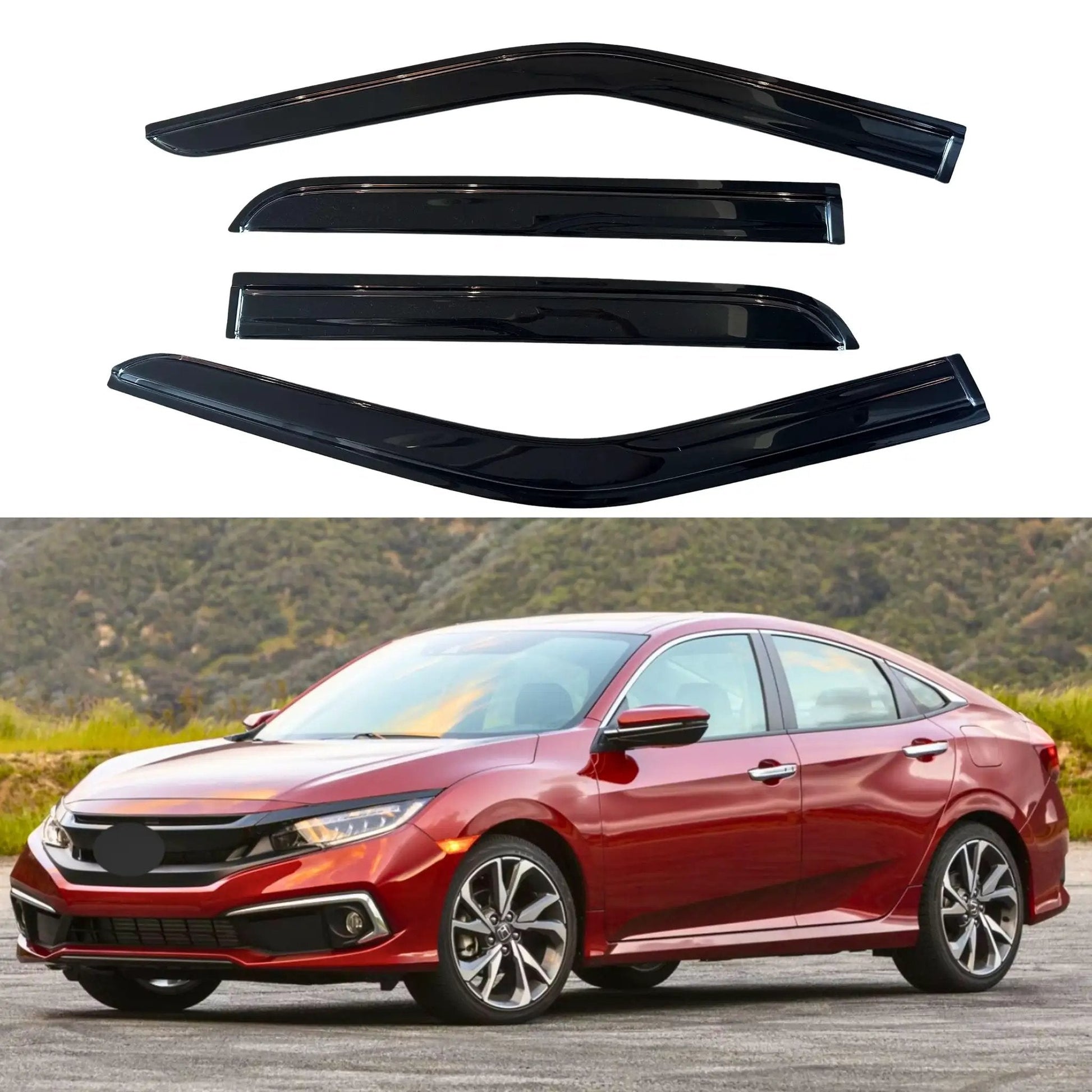 OutChannel Window Visors For 2016 2021 Honda Civic Sedan 4 Piece Bangin Rain Guards Vent Deflectors By IG Car Accessories Black view with car