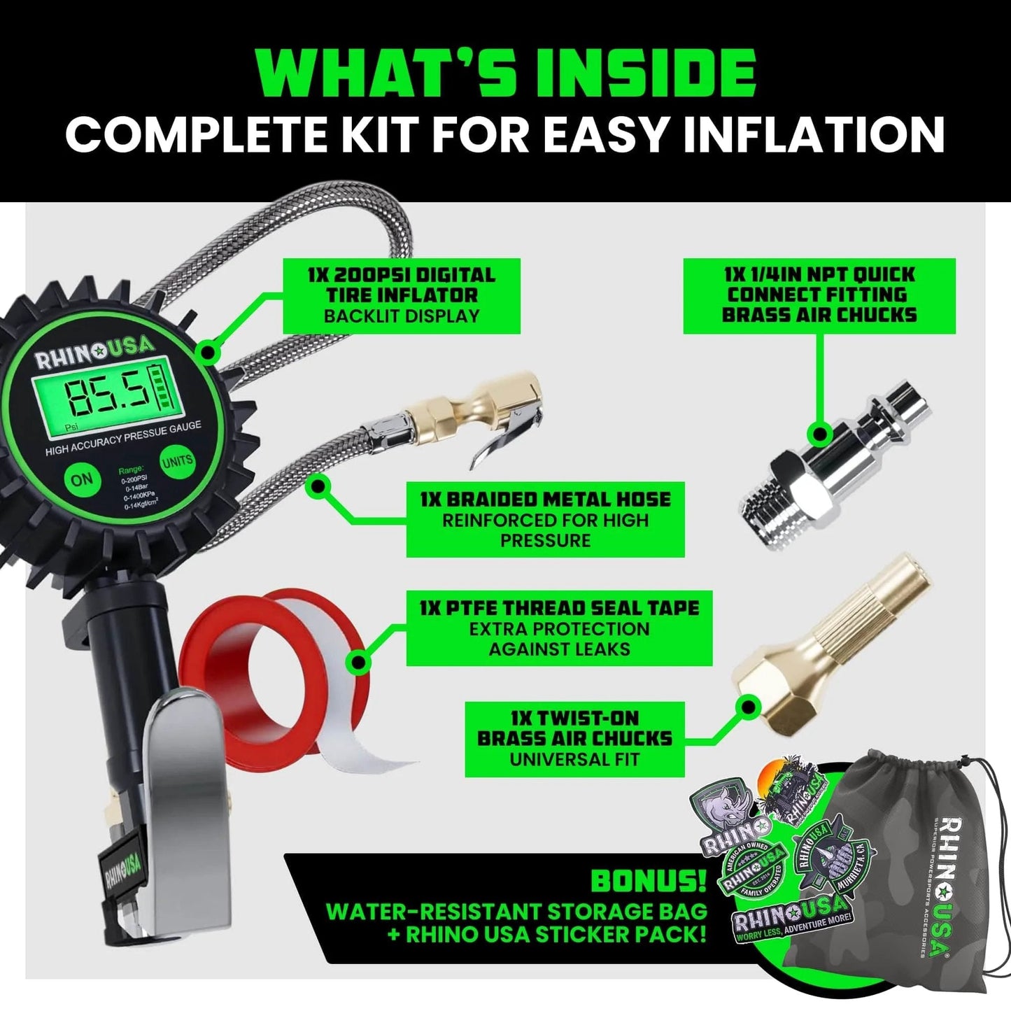 All In One 3 In One Tire Pressure Tool With Inflator Gauge Bleed Valve And Hose 0 To 200 PSI For Trucks And RVs With Stainless Braided Hose Large 2 Inch Dial And Solid Brass Hardware Rhino USA with accessory components including digital display, brass air chucks, storage bag, and stickers.