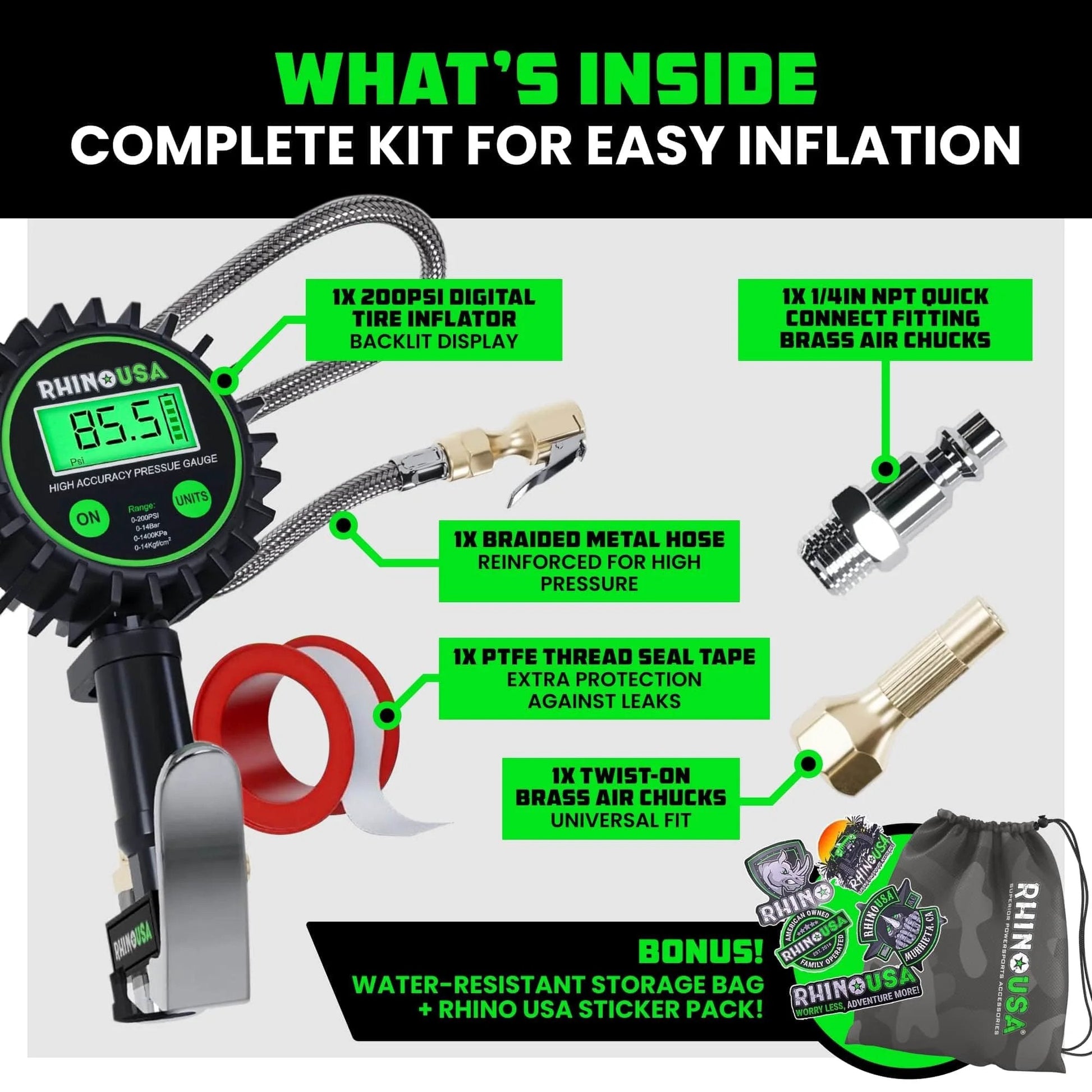 All In One 3 In One Tire Pressure Tool With Inflator Gauge Bleed Valve And Hose 0 To 200 PSI For Trucks And RVs With Stainless Braided Hose Large 2 Inch Dial And Solid Brass Hardware Rhino USA with accessory components including digital display, brass air chucks, storage bag, and stickers.