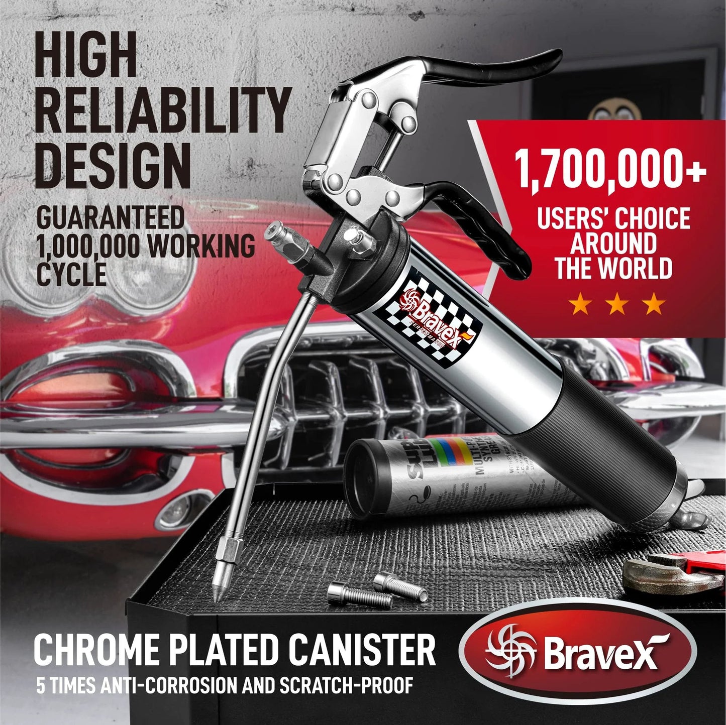 Heavy Duty Pistol Grip Grease Gun With 6000 PSI And 18 Inch Flexible Hose For Pro Shops And DIY Gear Bravex Chrome Canister