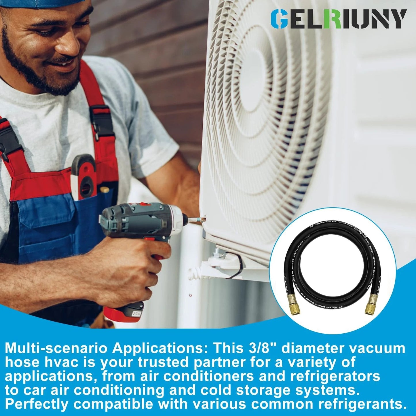 Technician using Upgraded 15660 Three Eighths Inch Heavy Duty Vacuum Hose for HVAC systems with air conditioning unit.