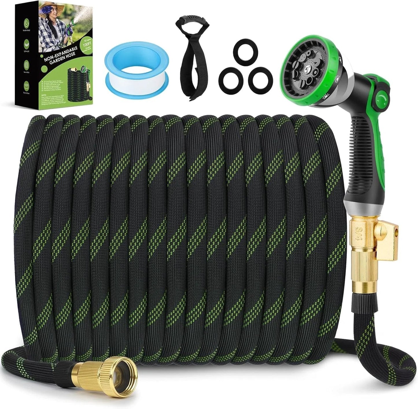 Ultra Lightweight Non Expanding Garden Hose 100 Ft With 10 Pattern Spray Nozzle Kink Free Leak Proof 3750D High Density Fabric