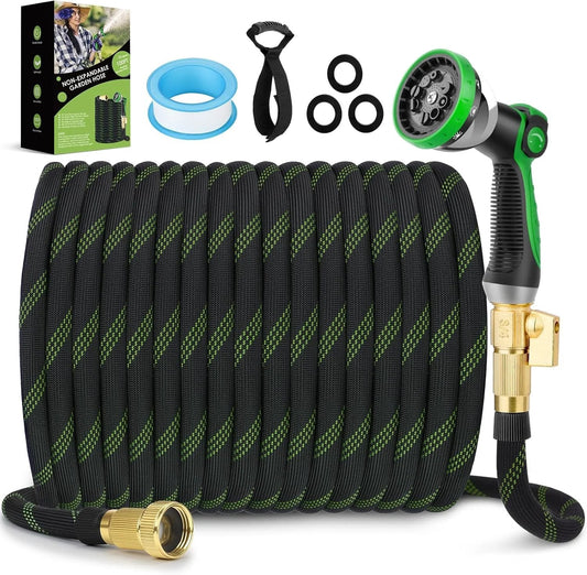 Ultra Lightweight Non Expanding Garden Hose 100 Ft With 10 Pattern Spray Nozzle Kink Free Leak Proof 3750D High Density Fabric