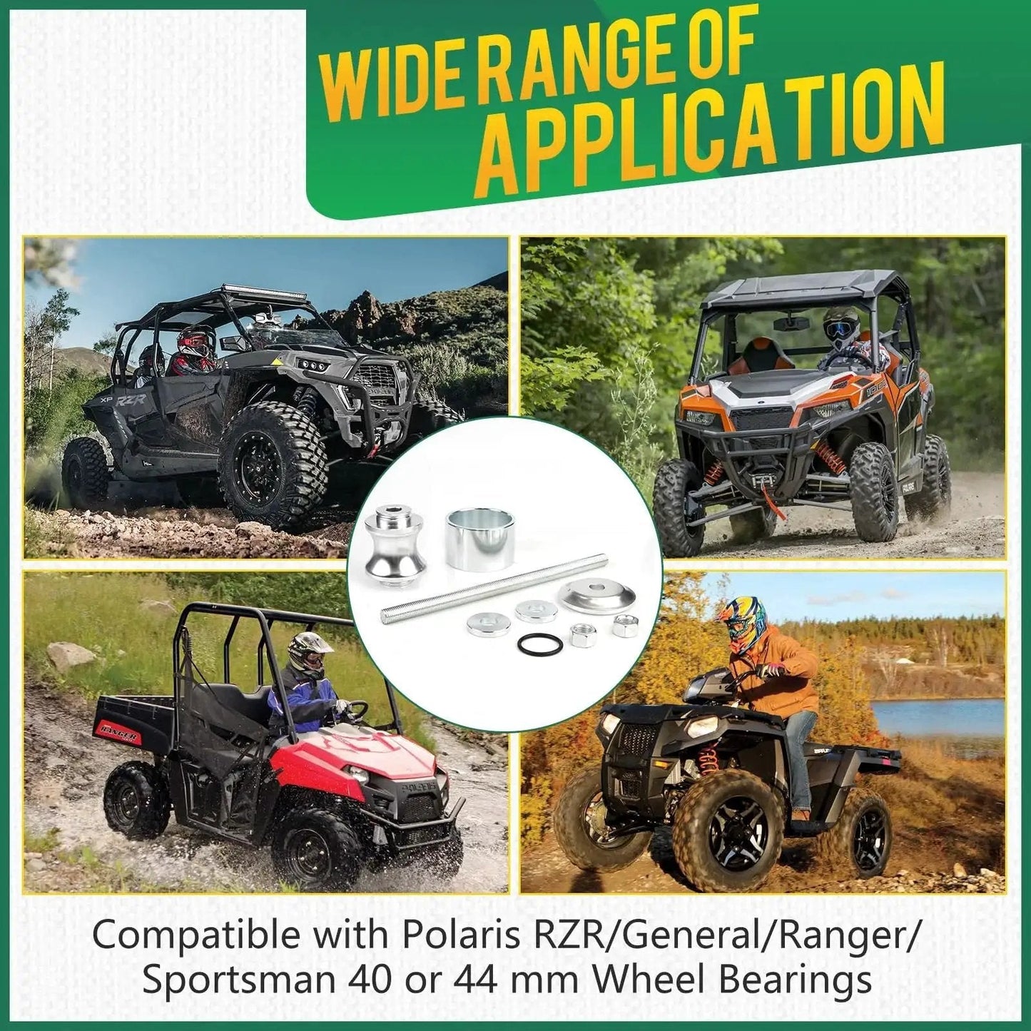 Wheel Bearing Removal Tool For Polaris RZR Ranger General And Sportsman Vehicles With 40 Mm And 44 Mm Bearings shown with compatible models