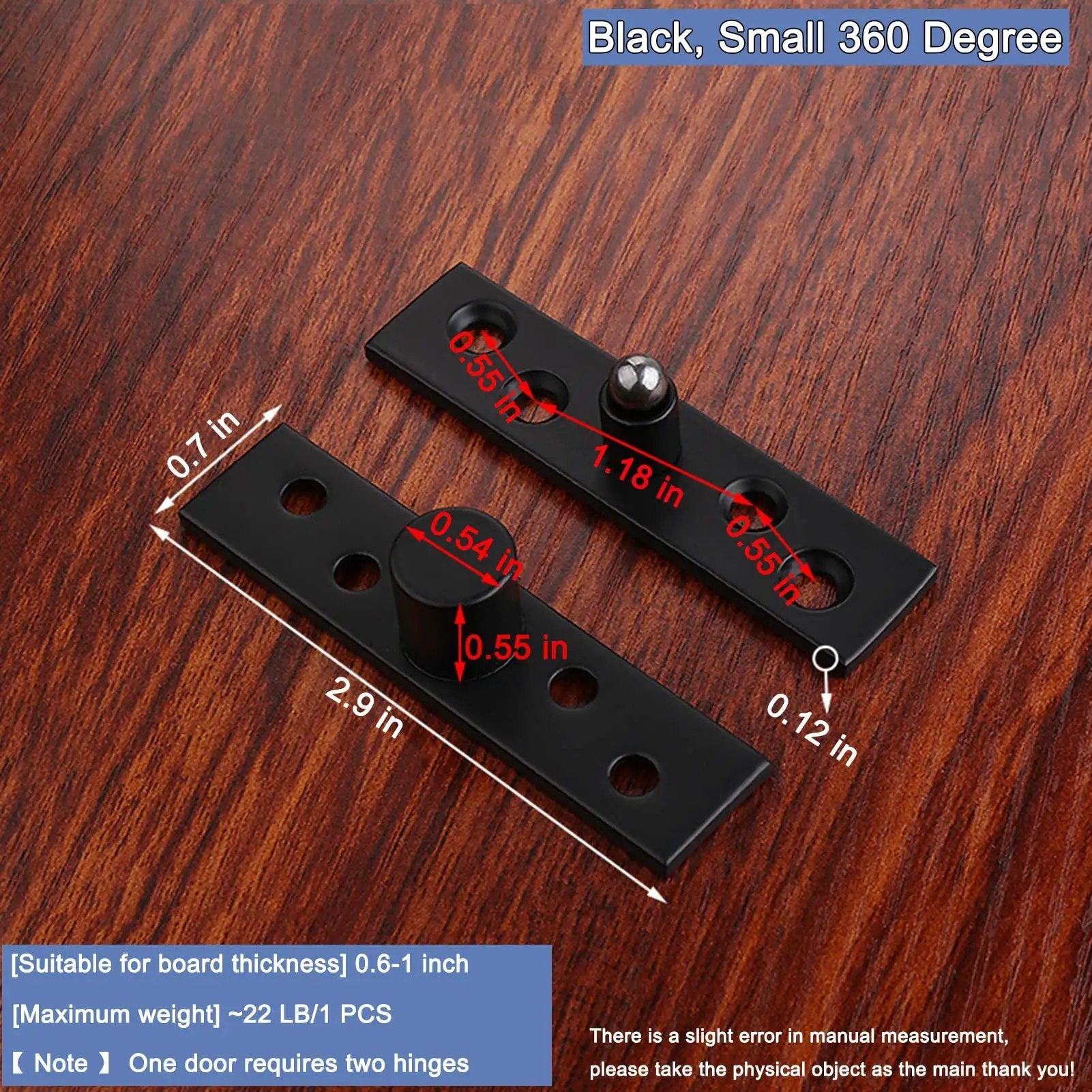 Two Pack 360 Degree Concealed Door Hinge Set In Black Stainless Steel Pivot Hinge shown on wooden surface with measurements.
