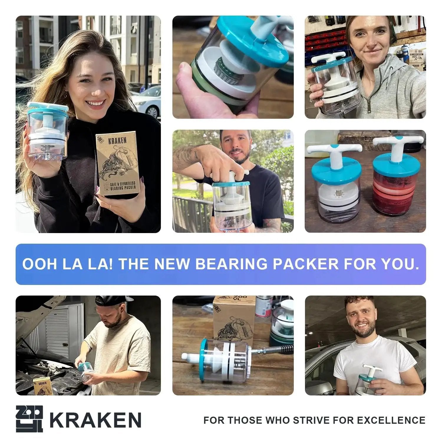 Collage of people using Rotation Handle Bearing Packer for Effortless Wheel Bearing Grease Application with Any Grease Gun