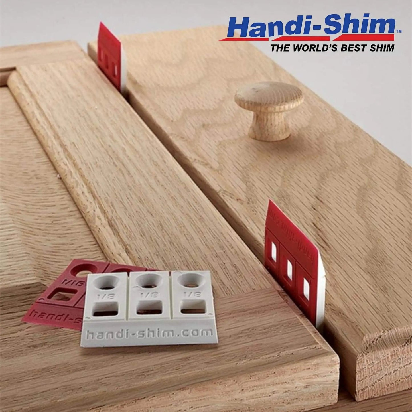 Heavy Duty Reusable Plastic Construction Shims For Spacing And Leveling, 40 Piece Assorted Pack In Four Sizes One Thirty Second Inch One Sixteenth Inch One Eighth Inch One Quarter Inch Ideal For Deep Applications Handi Shim on wooden surface showcasing various shim sizes.