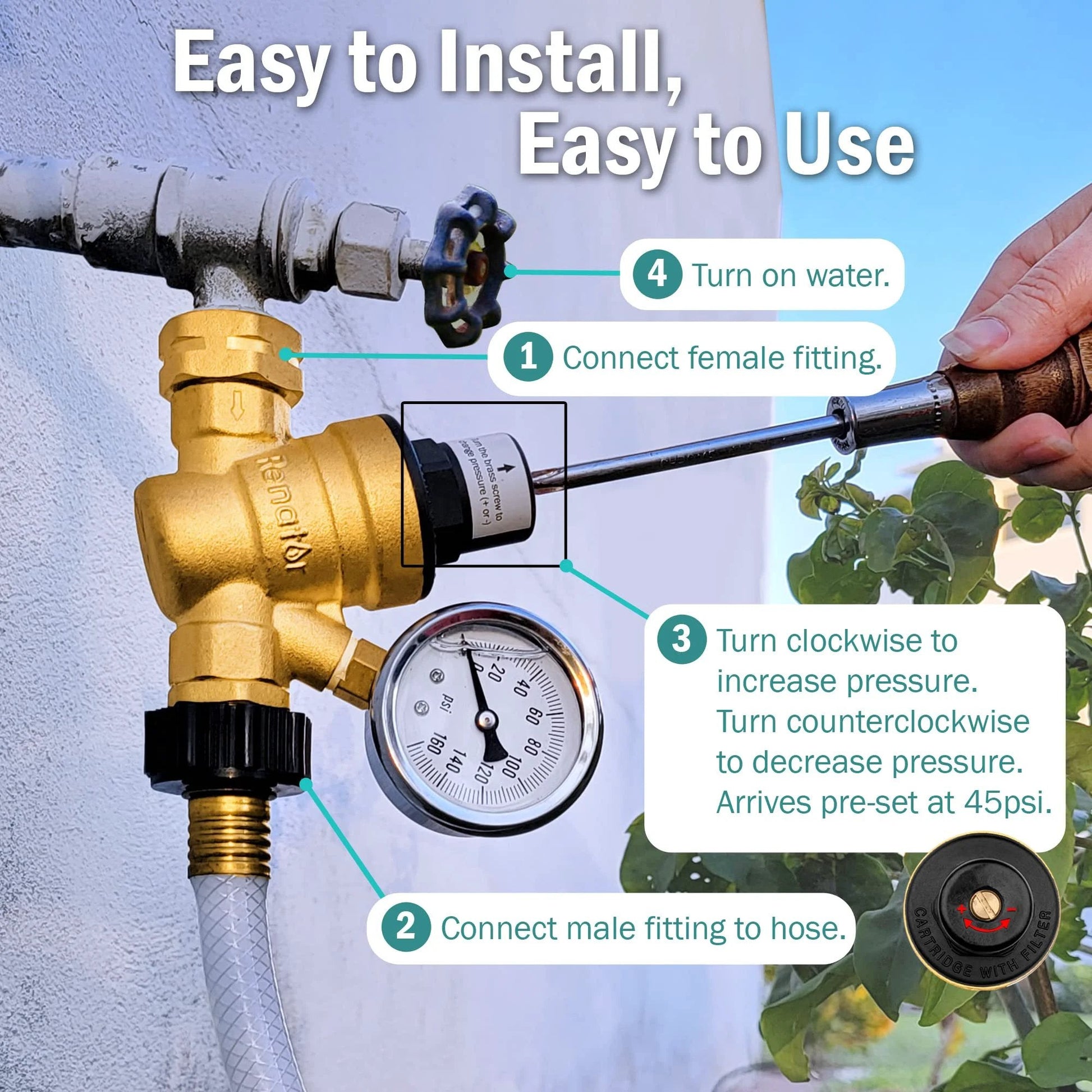 Adjustable Brass RV Water Pressure Regulator With Gauge for RVers and Campers Travel Trailers, showing installation process