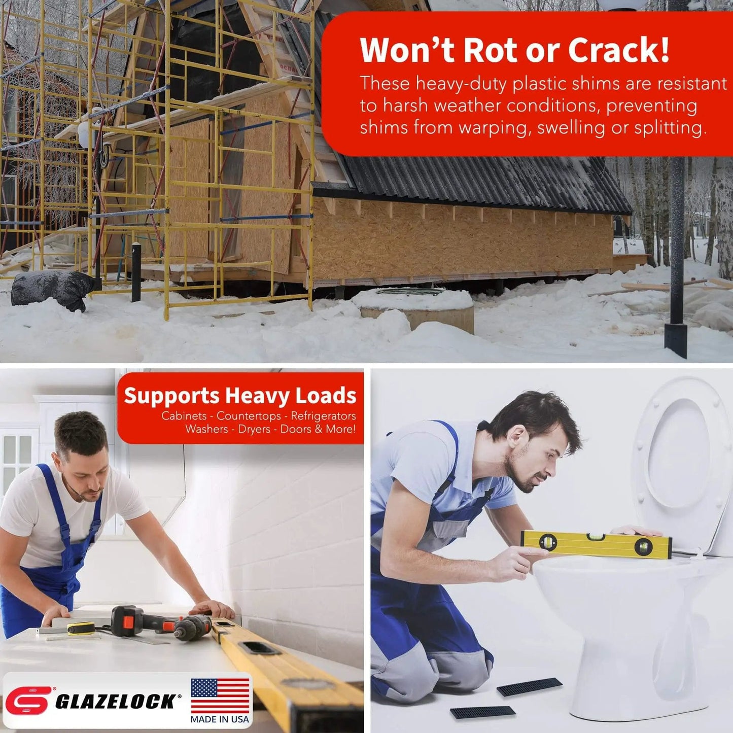 Prescored Plastic Shims For Leveling 12 Pack Quick Snap Wedges To Level Doors Windows Cabinets Toilet Shims DIY Friendly Pro Grade Indoor Outdoor Use Made In USA displayed during construction and leveling projects