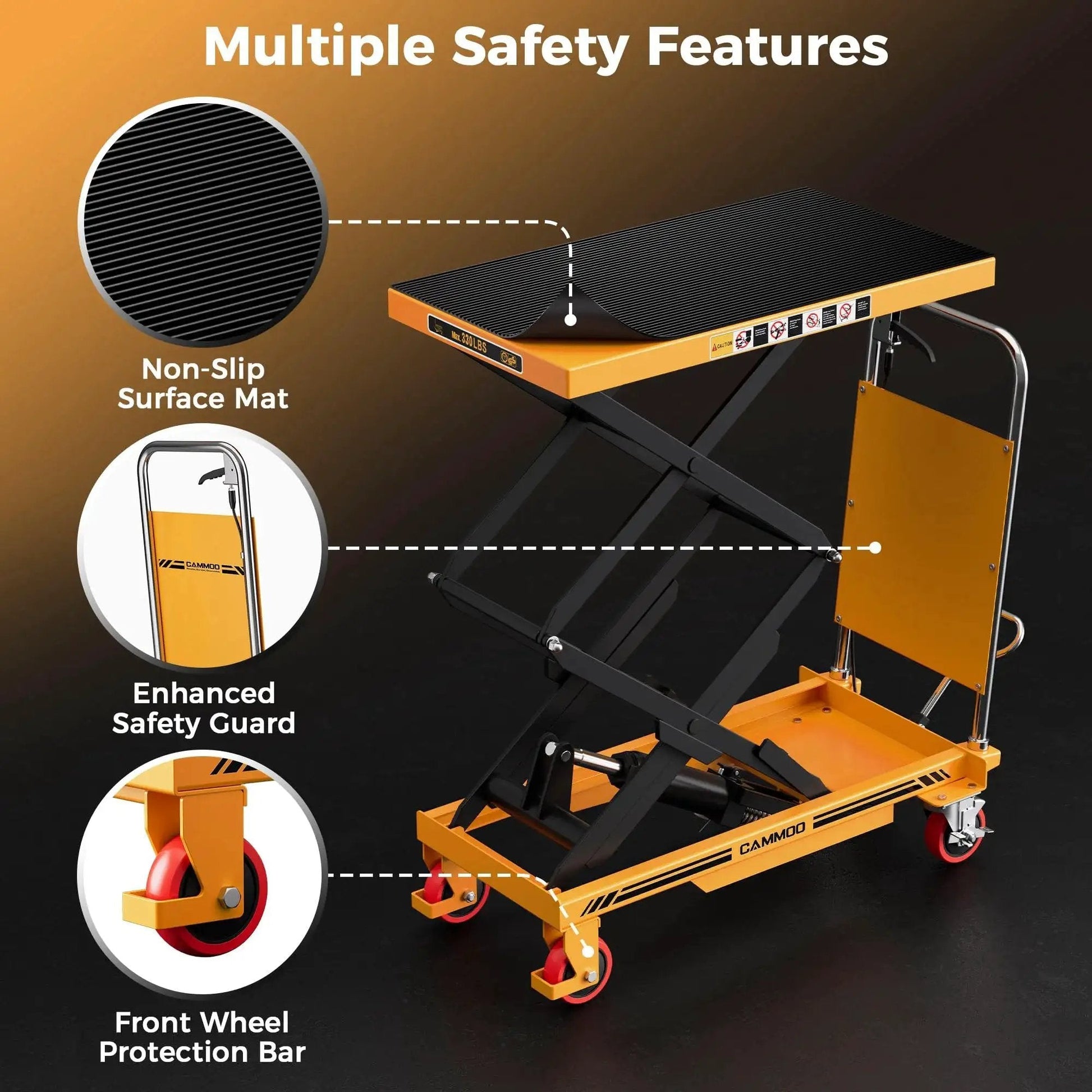 Hydraulic Lift Table Cart 330 Lb Capacity 49.6In Lift Height Non Slip Pad with safety features and PU wheels