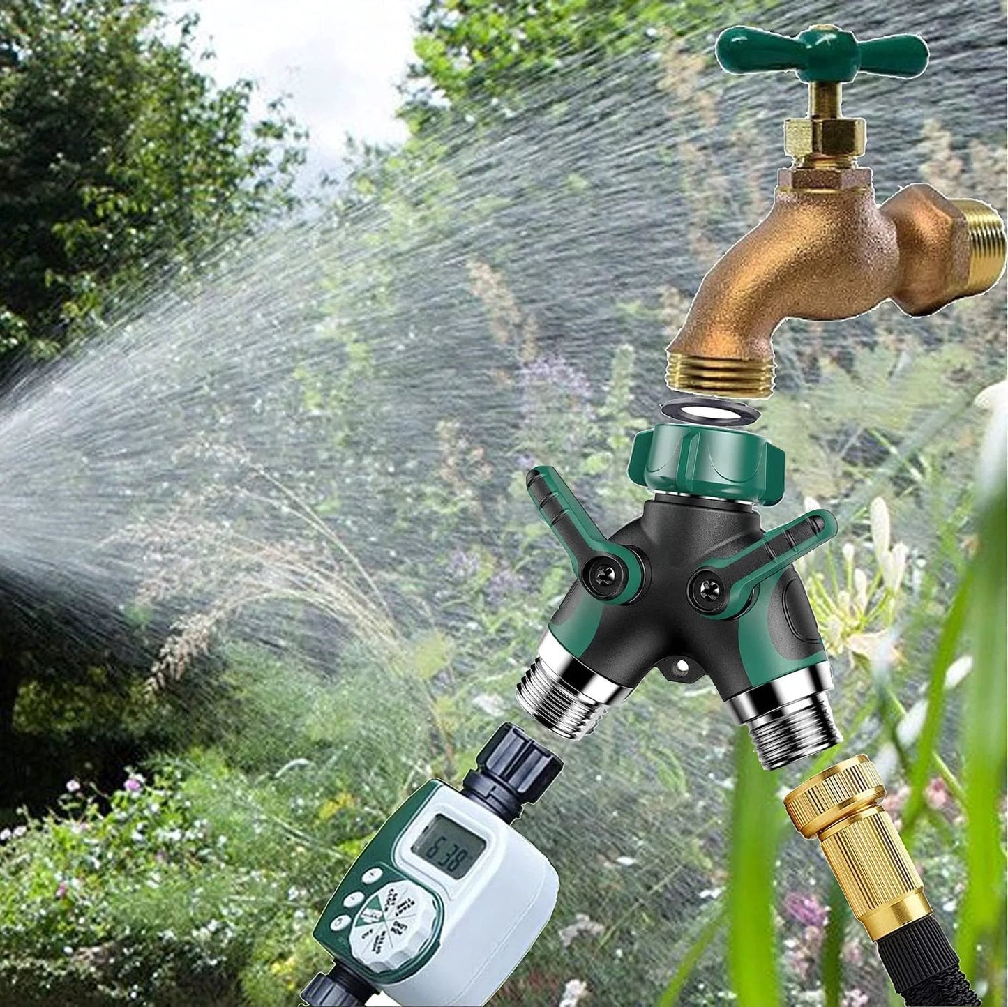 Garden Hose Splitter 2 Way With Long Handle Shut Off Valve Double Y Connector Faucet Splitter installed on outdoor faucet