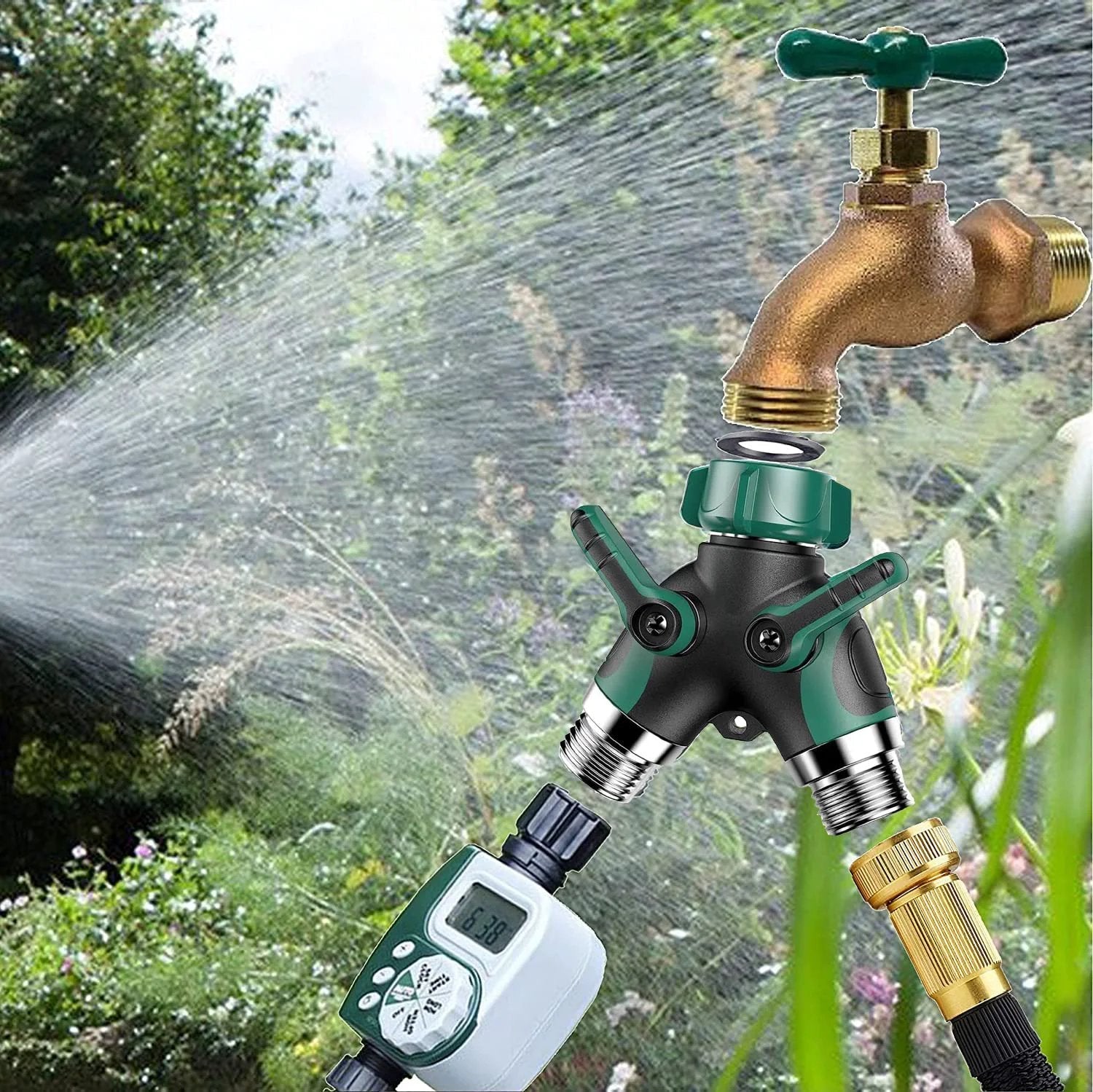 Garden Hose Splitter 2 Way With Long Handle Shut Off Valve Double Y Connector Faucet Splitter installed on outdoor faucet