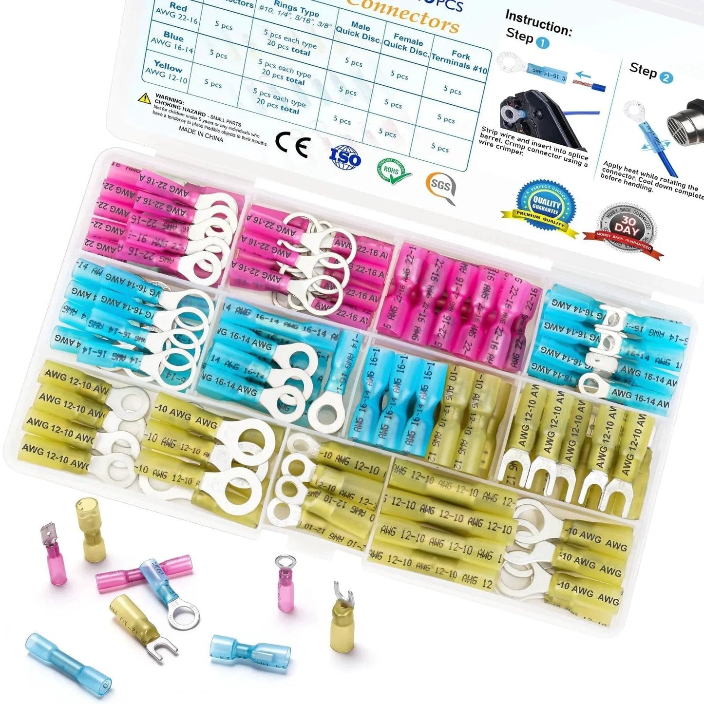 Heat Shrink Wire Connector Kit With 120 Pcs Waterproof Automotive Marine Electrical Terminals Assortment For Ring Fork Spade Butt Splices And Crimp Connectors Delivering Strong Secure Crimps Low Voltage Drop And Easy Install TICONN displayed in open plastic case showing multicolored connectors