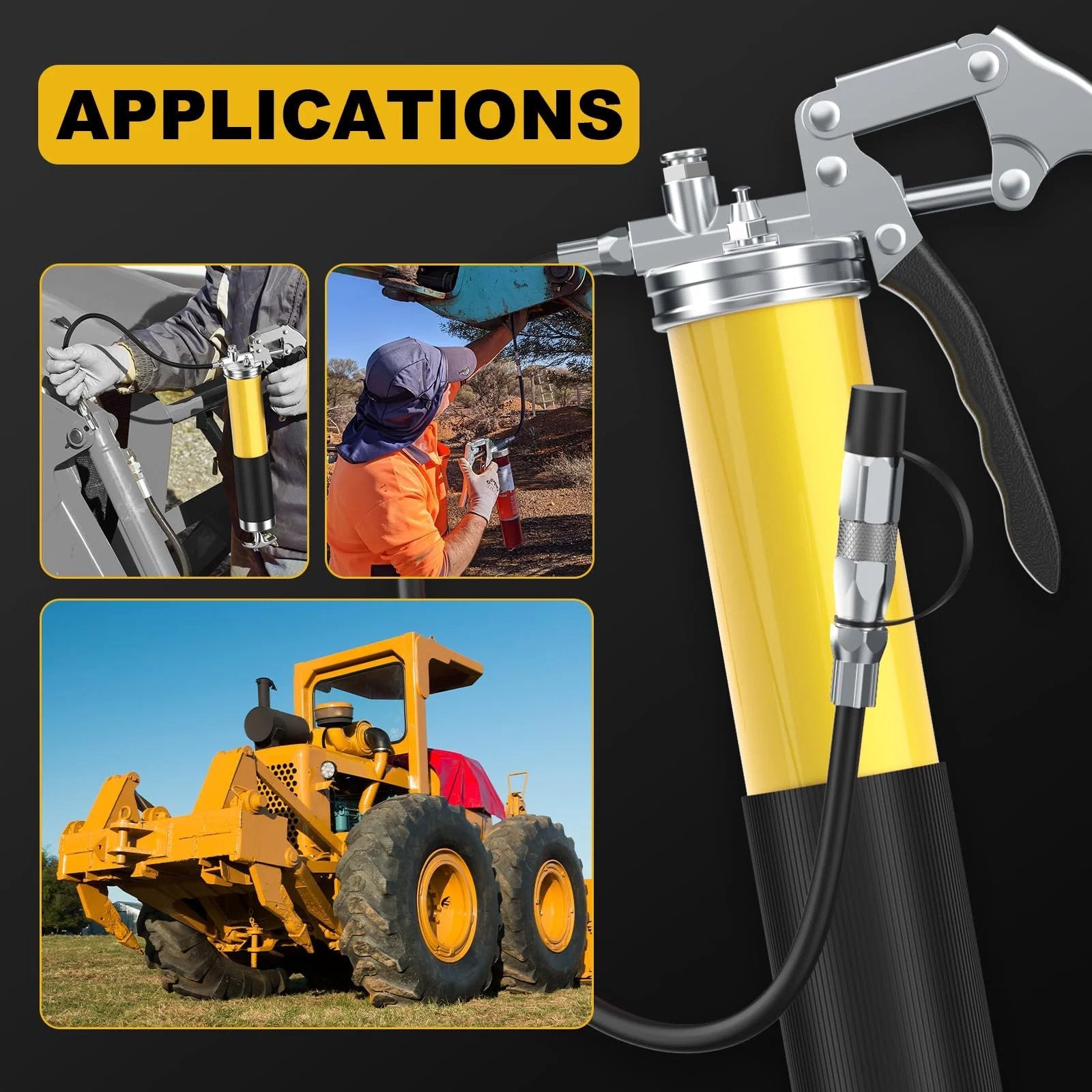 8000 PSI Grease Gun Kit With Leak Proof Pistol Grip and Lock Coupler, 18 Inch Spring Flex Hose in use on machinery