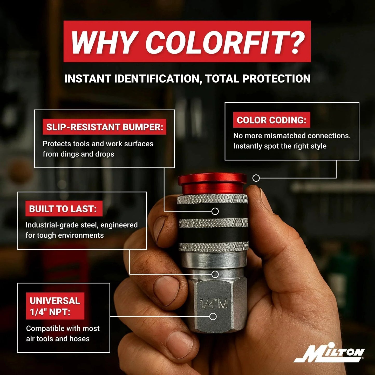 Hand holding Colorfit M Style Coupler And Plug Kit with Rubber Bumpers, showcasing steel components and red color coding.