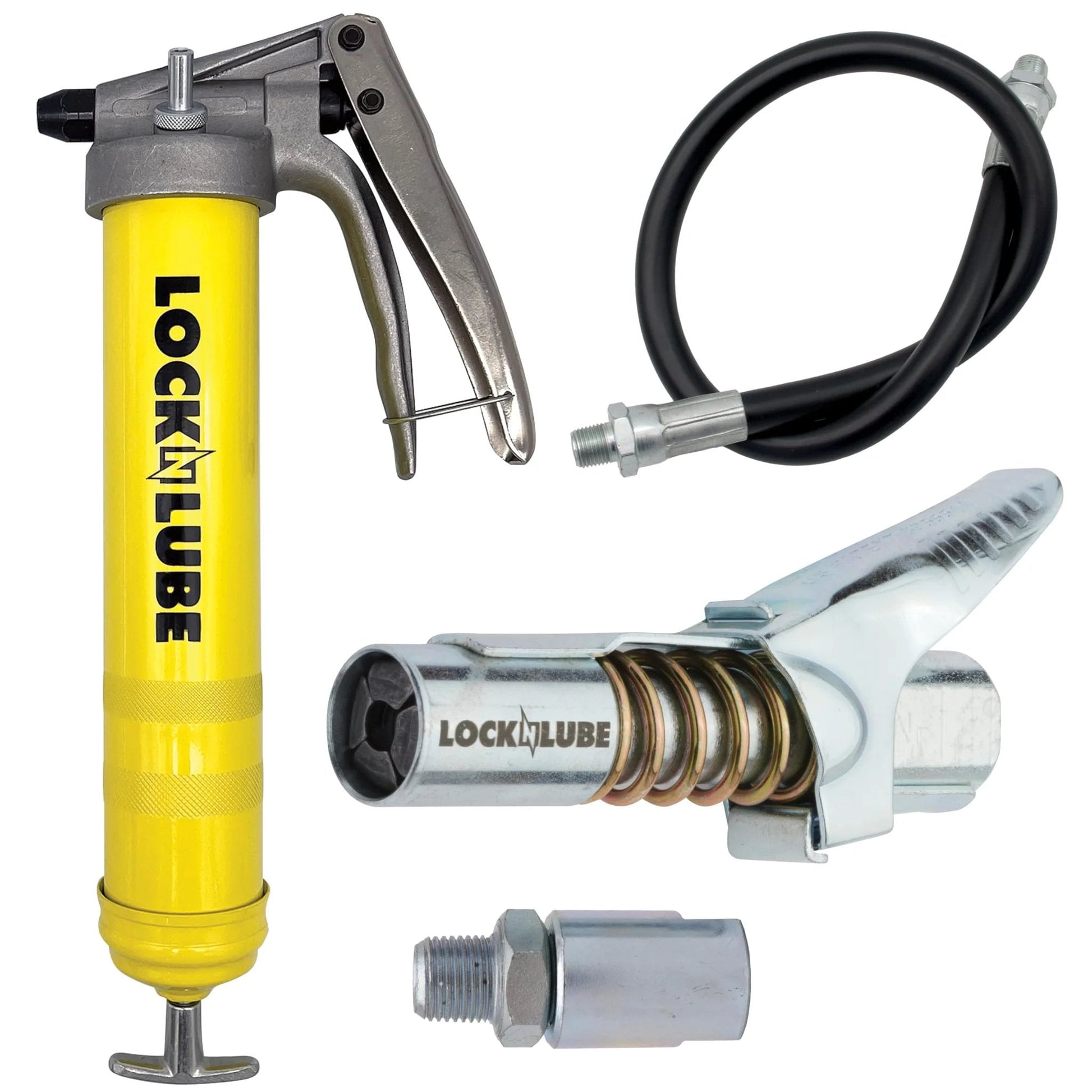 Premium Pistol-Grip Grease Gun With LockNLube Coupler, 20 Inch Hose, Inline Swivel, Delivers Up To 8000 PSI, yellow metal body.