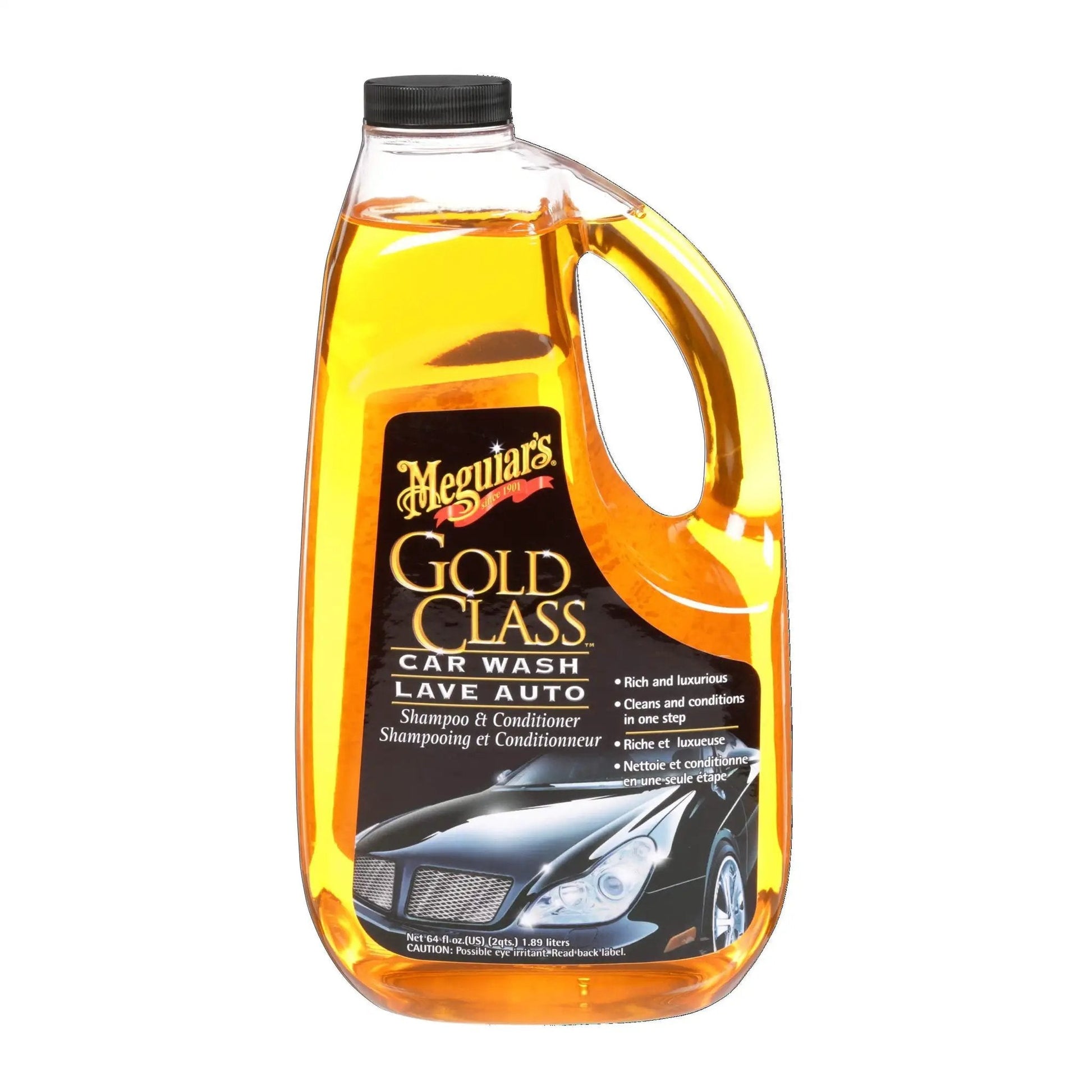One Step Car Wash And Conditioner That Cleans And Conditions Without Stripping Wax And Foams Away Dirt And Road Grime While Preserving Wax Protection For A Dope Shine Meguiar's Gold Class 1.89L in an orange bottle.
