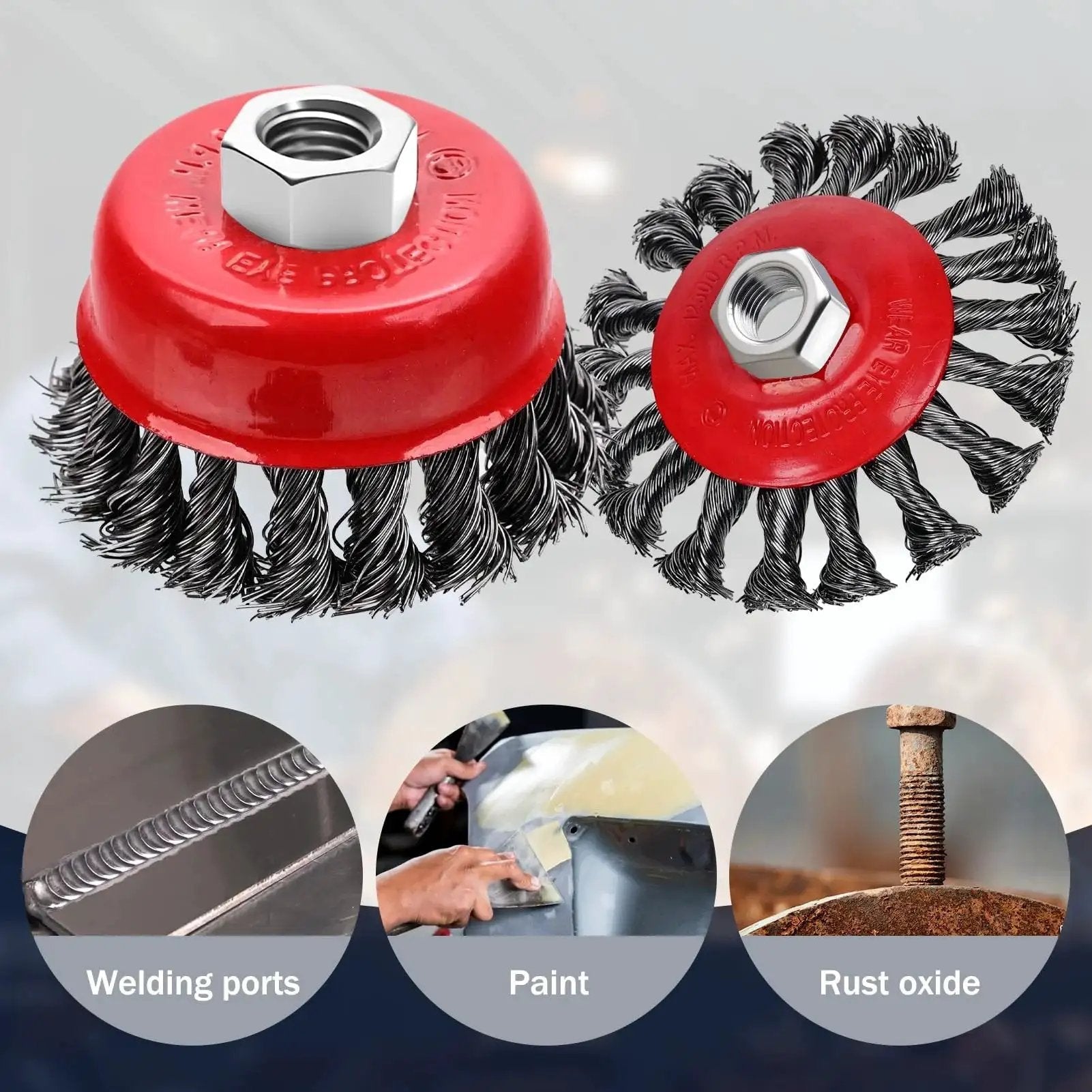 Three Pack Wire Wheel Brush Set For Angle Grinders With 0.02 Inch Carbon Steel 72A Twist Wire And Five Eighth Inch Arbor Includes Three Inch And Four Inch Wheels Up To 12500 RPM For Heavy Duty Cleaning By Mikilikien, showing wire brushes in use on metal surfaces.
