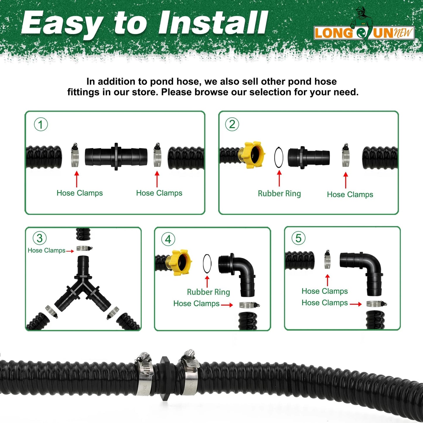 Flexible 1 Inch ID Corrugated Pond Hose For Aquarium And Pond Waterfall Systems, 20.6 Ft Black PVC Kinkproof Tubing With Fittings diagram