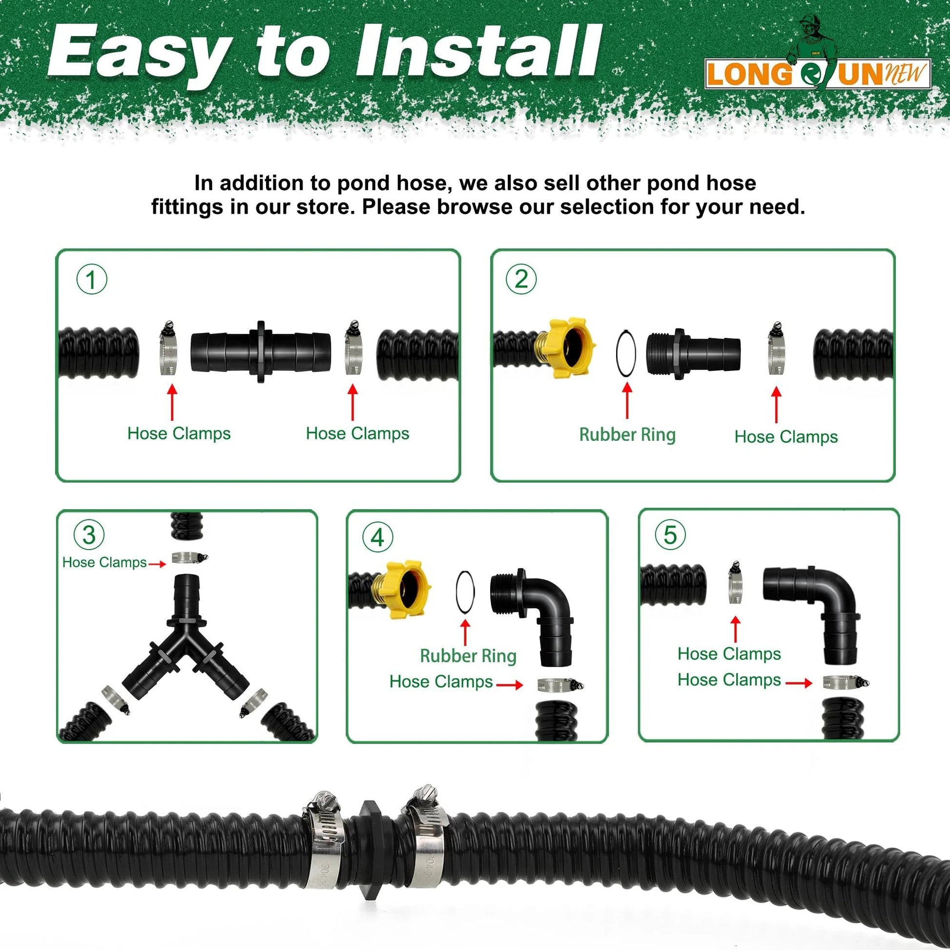 Flexible 1 Inch ID Corrugated Pond Hose For Aquarium And Pond Waterfall Systems, 20.6 Ft Black PVC Kinkproof Tubing With Fittings diagram