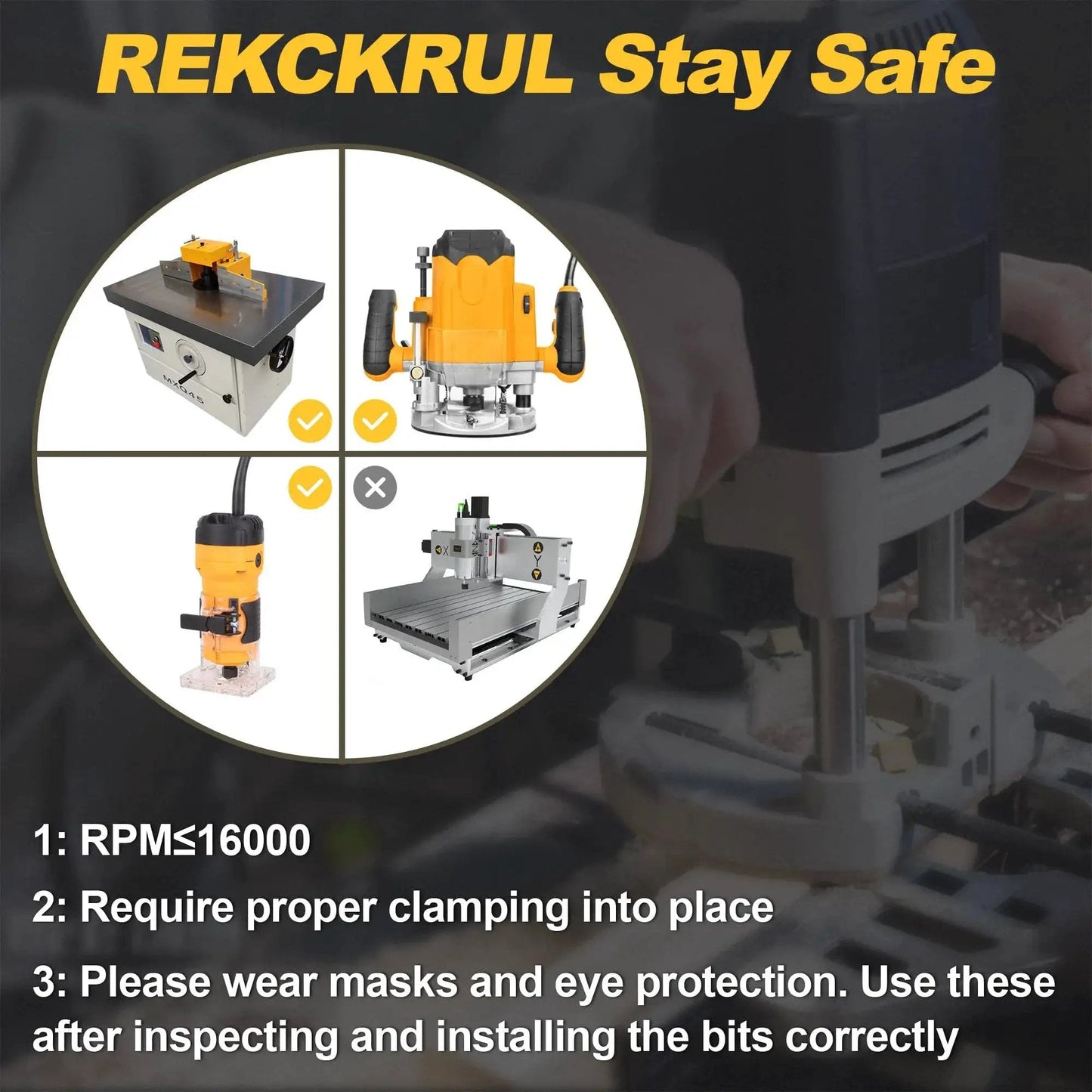 Safety instructions for using 45 Degree Chamfer Router Bit With Bearing, Half Inch Shank, showing router setup and proper usage